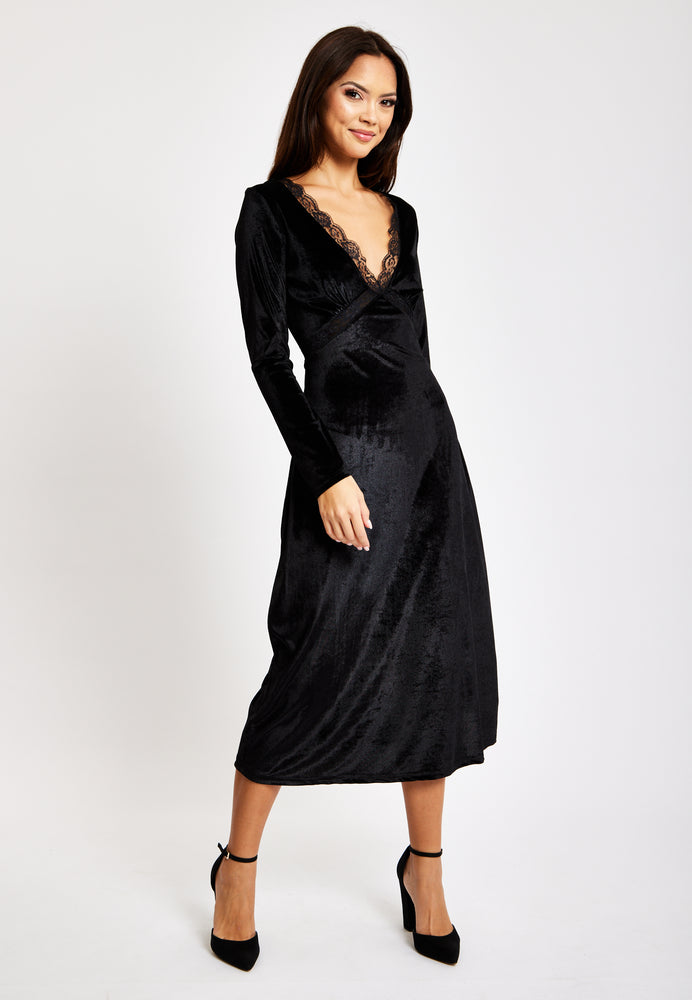 Liquorish Black Velvet Midi Dress With Lace Details
