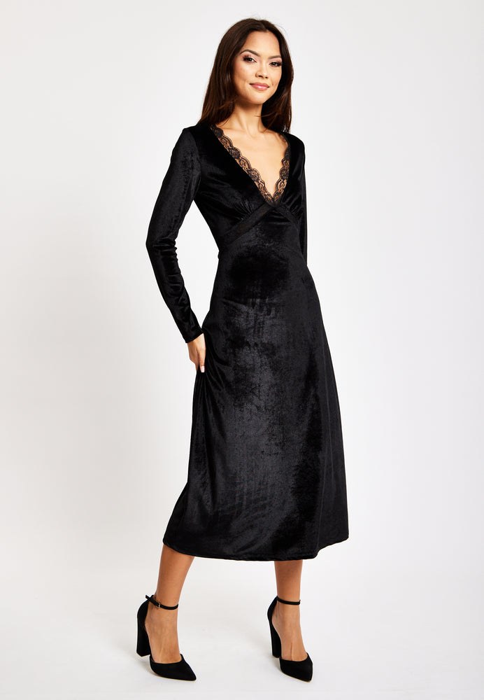 Liquorish Black Velvet Midi Dress With Lace Details