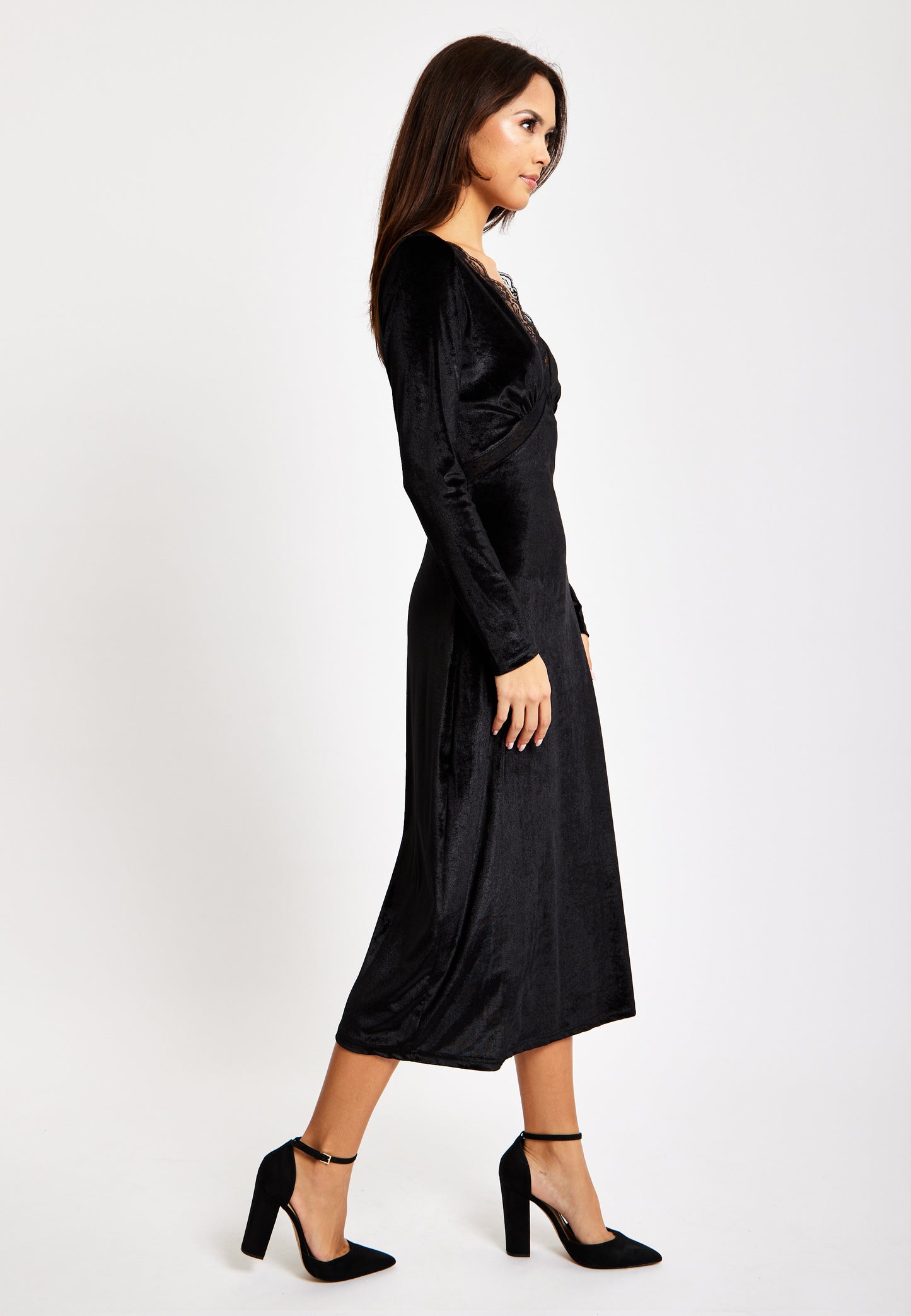 
                  
                    Liquorish Black Velvet Midi Dress With Lace Details
                  
                