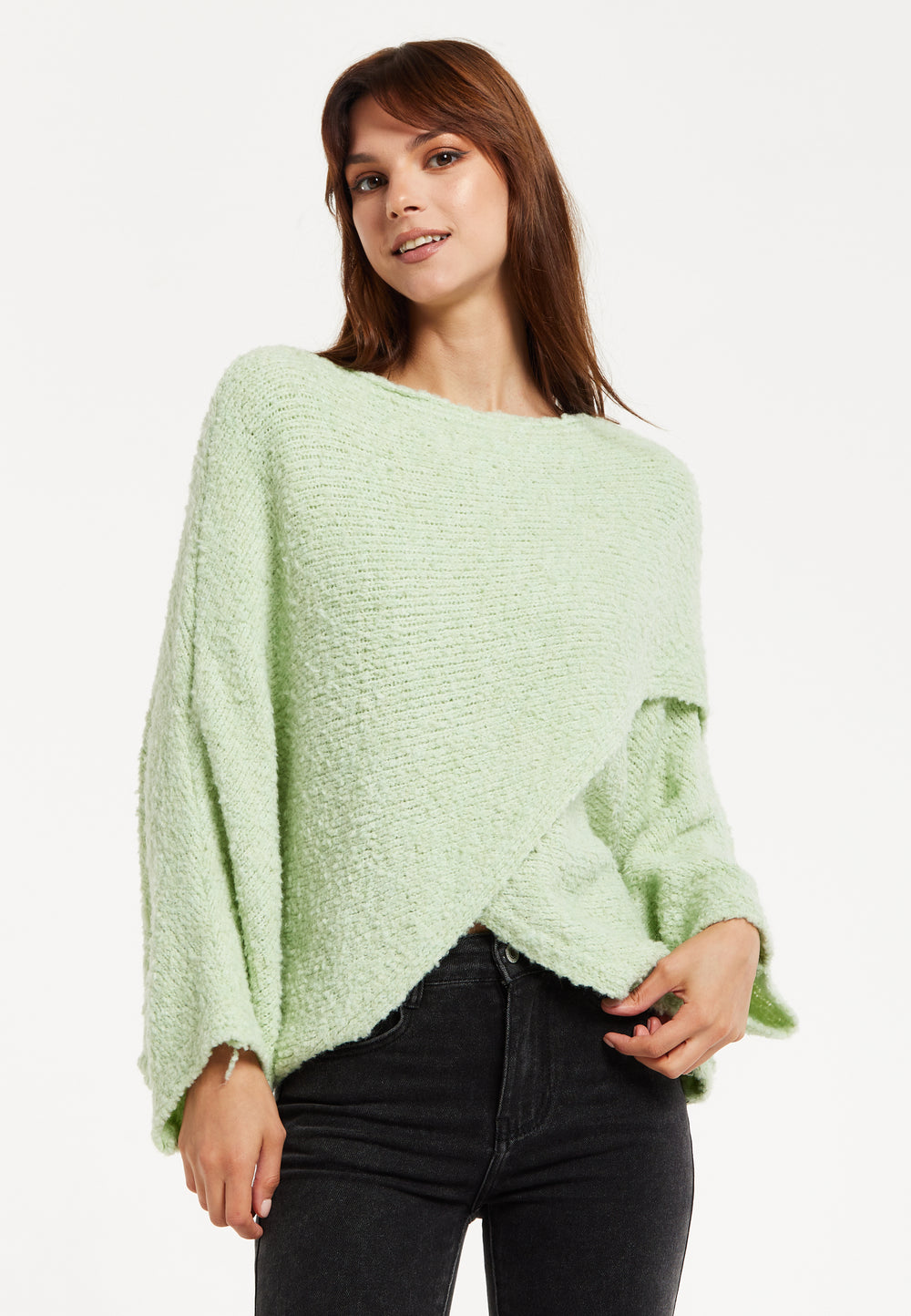 Women's Jumper in Green with Asymmetric Layered Shawl Design, Loose Fit, Long Sleeves, Crafted from Luxurious Blend of Fabrics