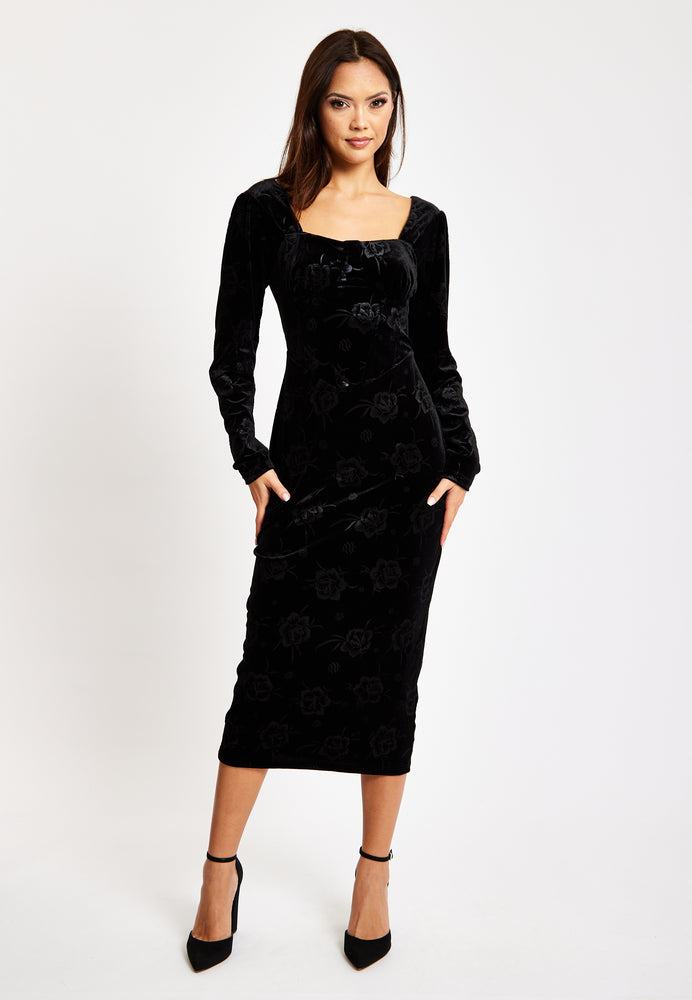 Liquorish Corset Detail Midi Black Velvet Dress