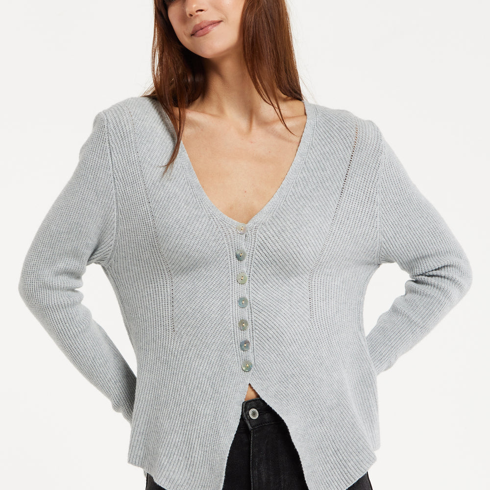 
                  
                    Liquorish Ribbed Knit Button-Down Cardigan in Grey
                  
                