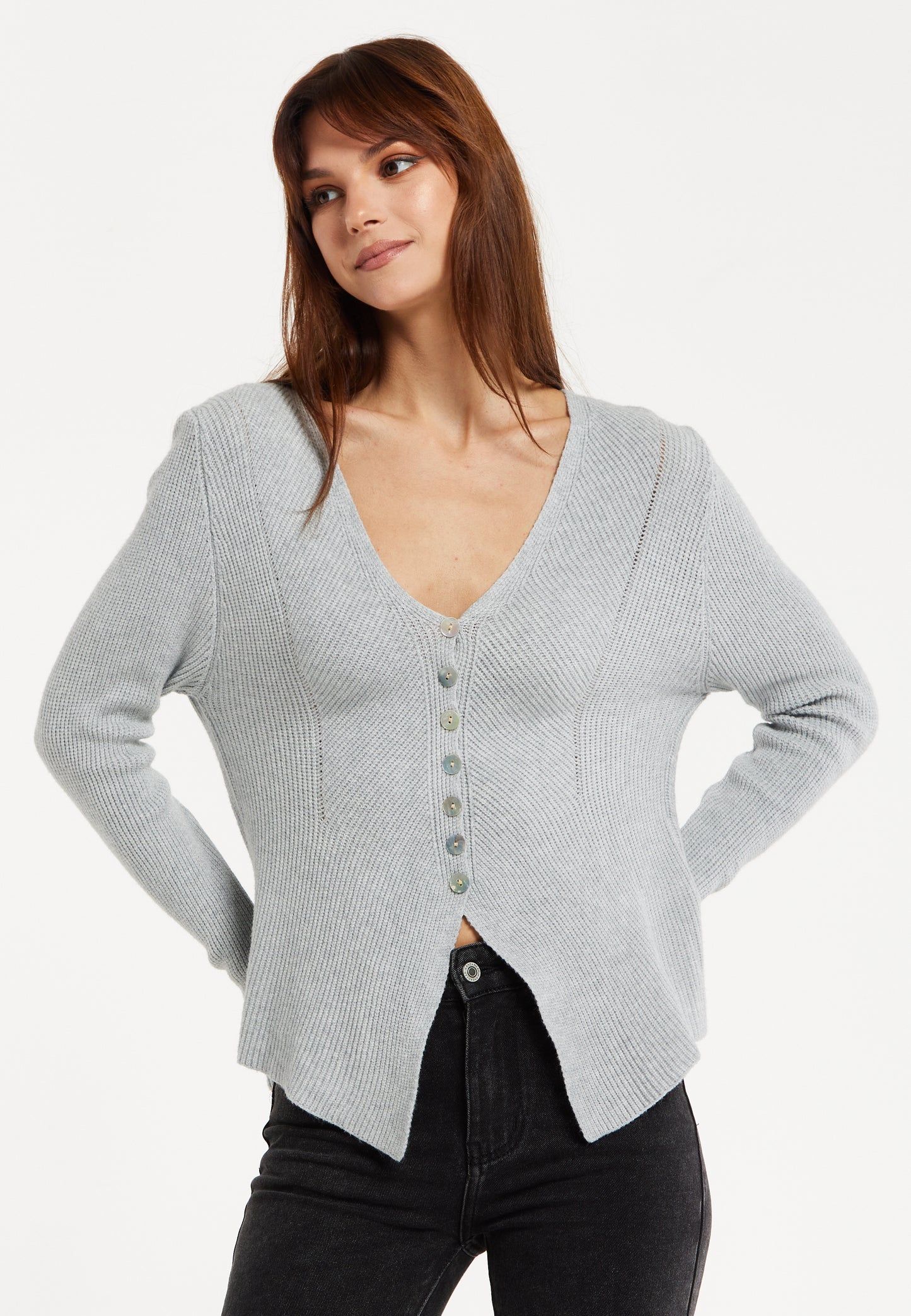 
                  
                    Liquorish Ribbed Knit Button-Down Cardigan in Grey
                  
                