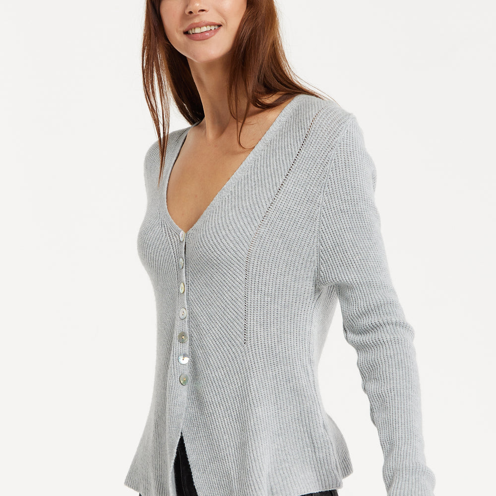 
                  
                    Liquorish Ribbed Knit Button-Down Cardigan in Grey
                  
                