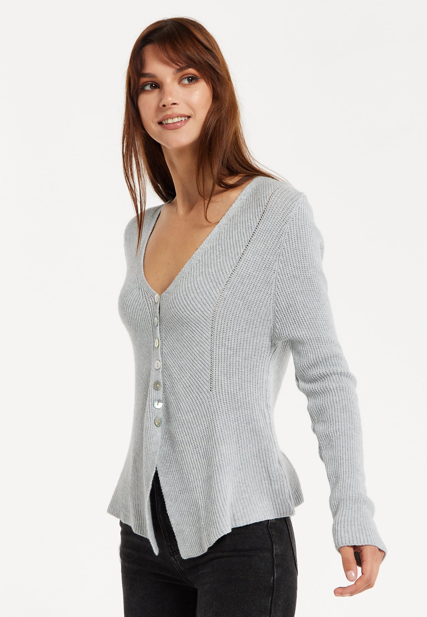 
                  
                    Liquorish Ribbed Knit Button-Down Cardigan in Grey
                  
                