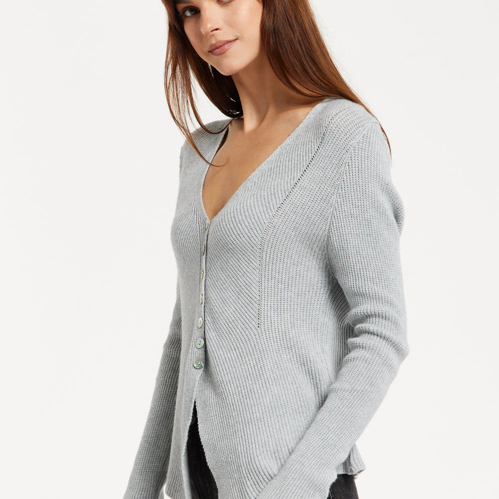 
                  
                    Liquorish Ribbed Knit Button-Down Cardigan in Grey
                  
                