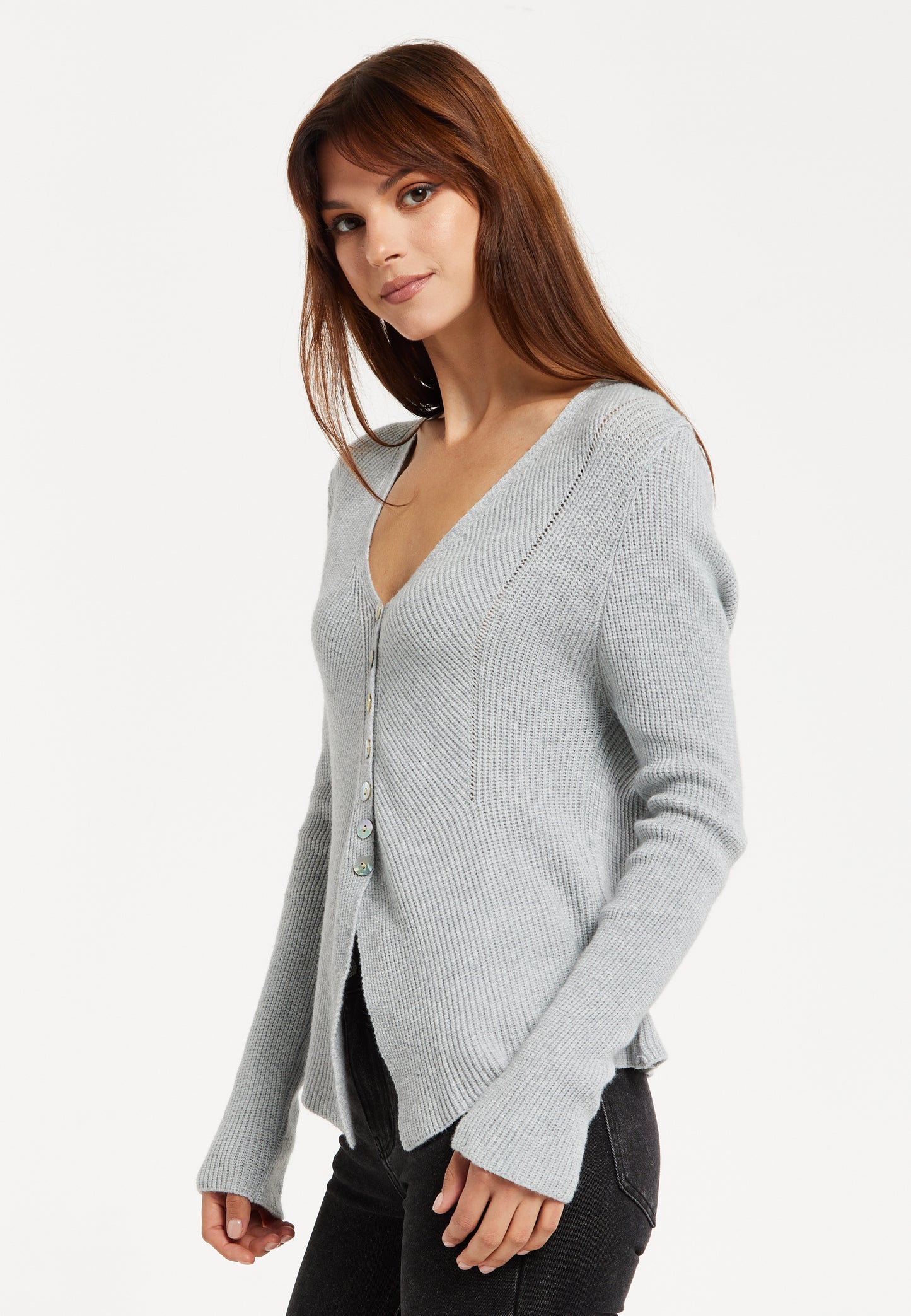 
                  
                    Liquorish Ribbed Knit Button-Down Cardigan in Grey
                  
                