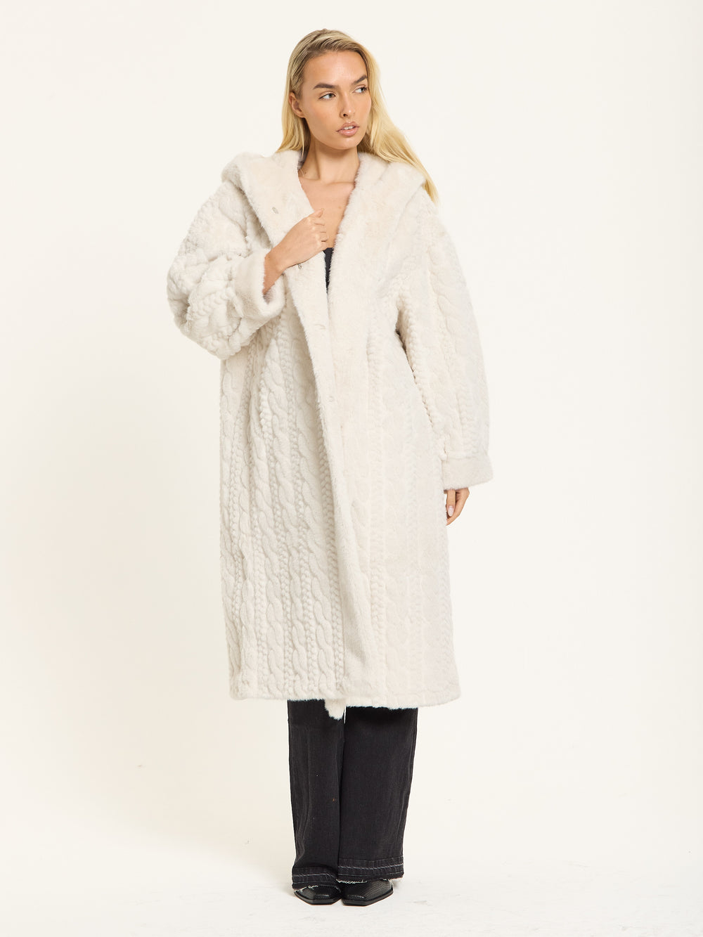 Ivory Hooded Faux Fur Coat