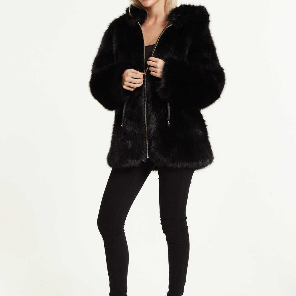 
                  
                    Faux Fur Hooded Coat in Black
                  
                