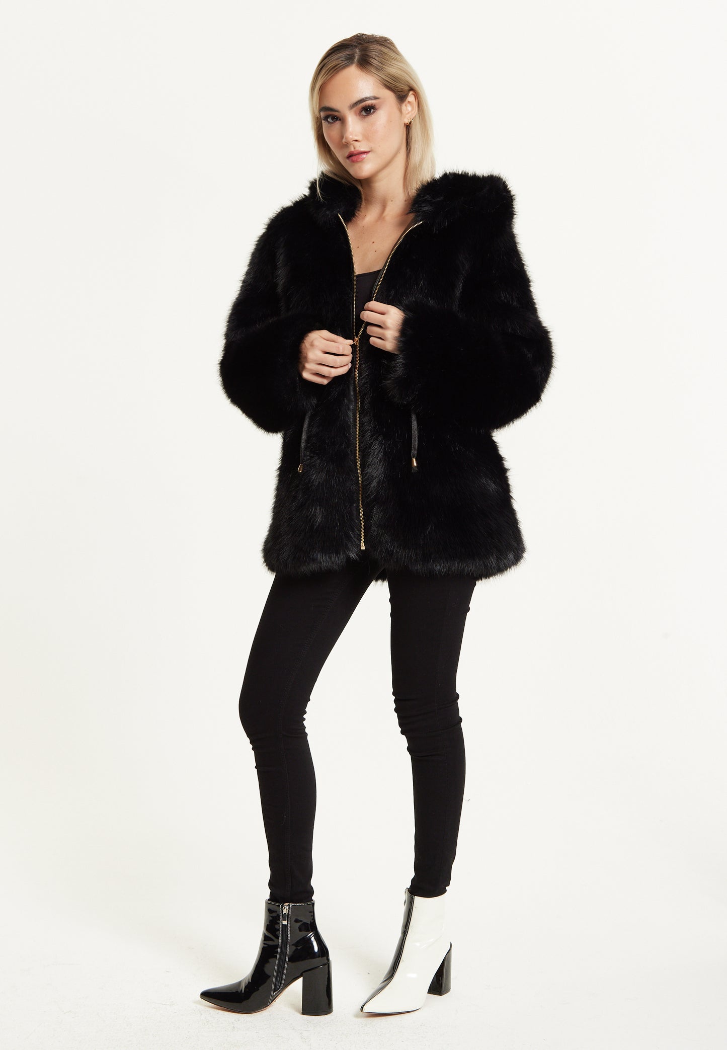 
                  
                    Faux Fur Hooded Coat in Black
                  
                