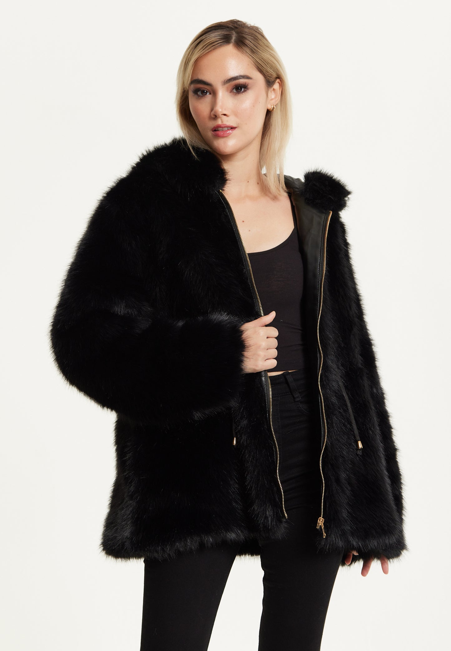 
                  
                    Faux Fur Hooded Coat in Black
                  
                