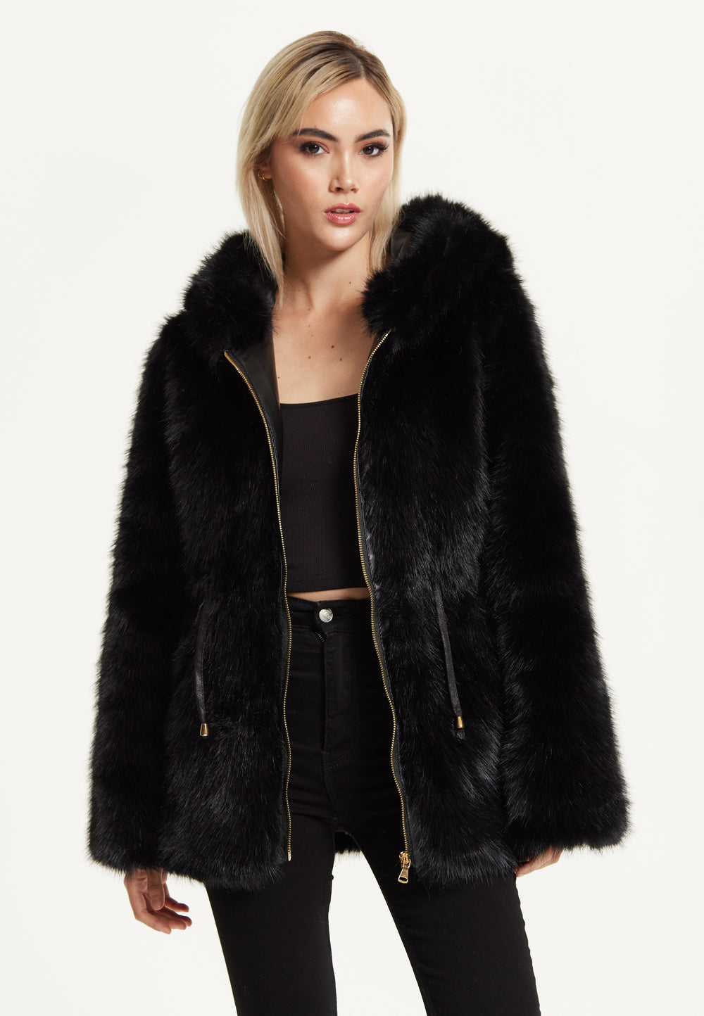 Faux Fur Hooded Coat in Black