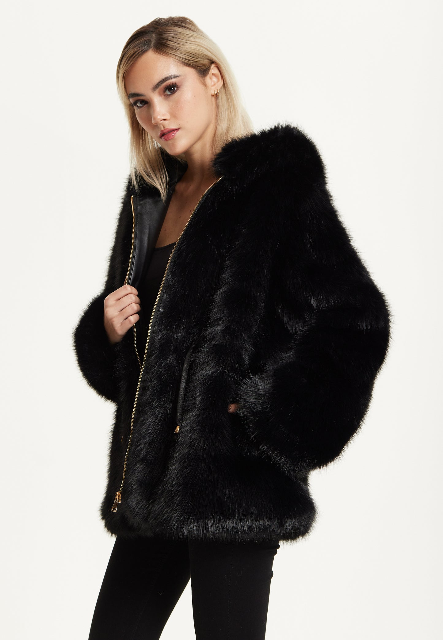 
                  
                    Faux Fur Hooded Coat in Black
                  
                