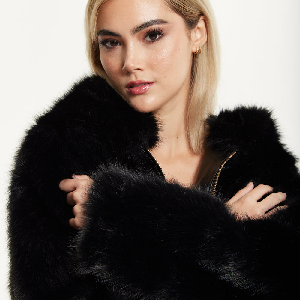 
                  
                    Faux Fur Hooded Coat in Black
                  
                
