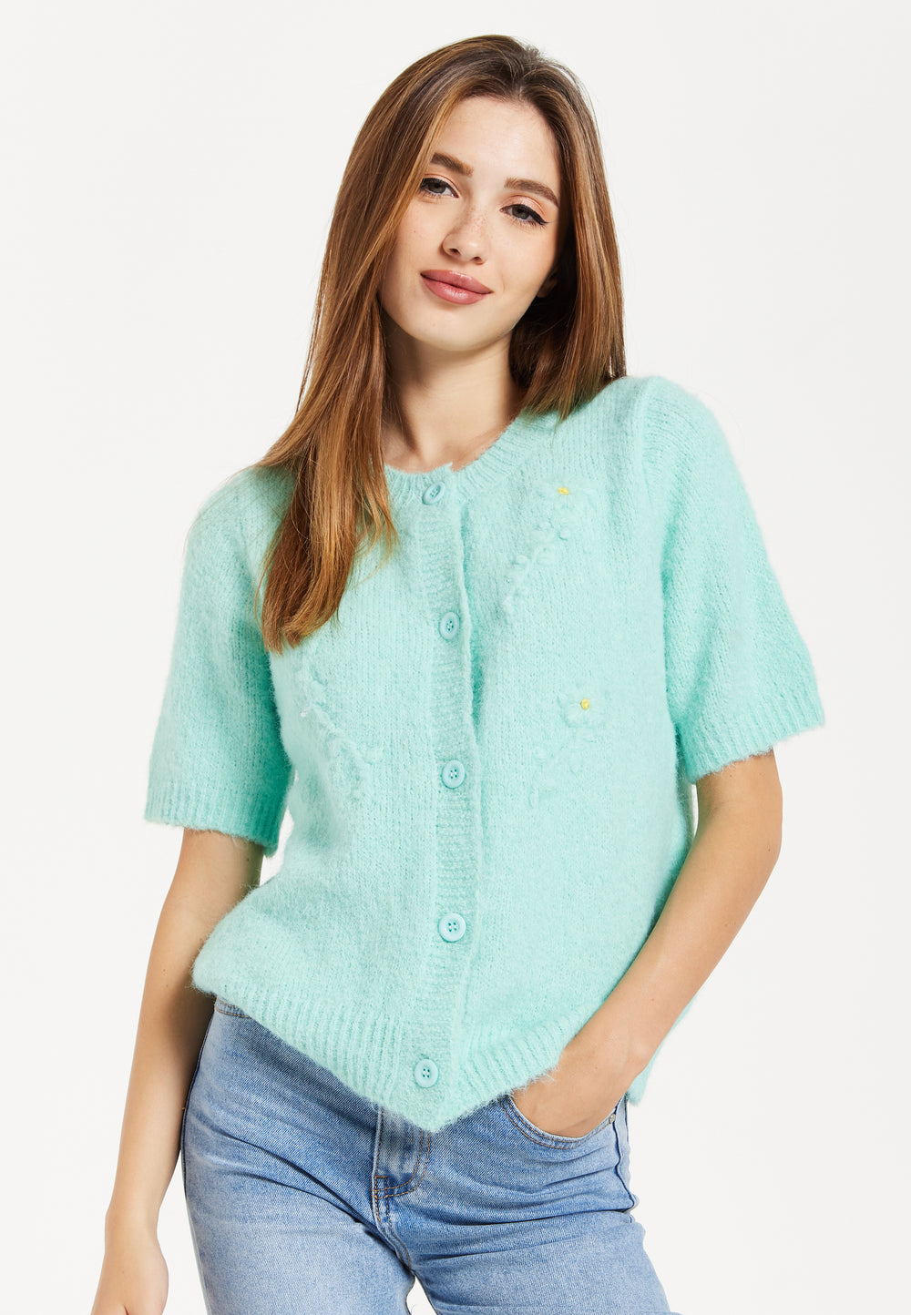 Turquoise Knitted Floral Short Sleeve Cardigan