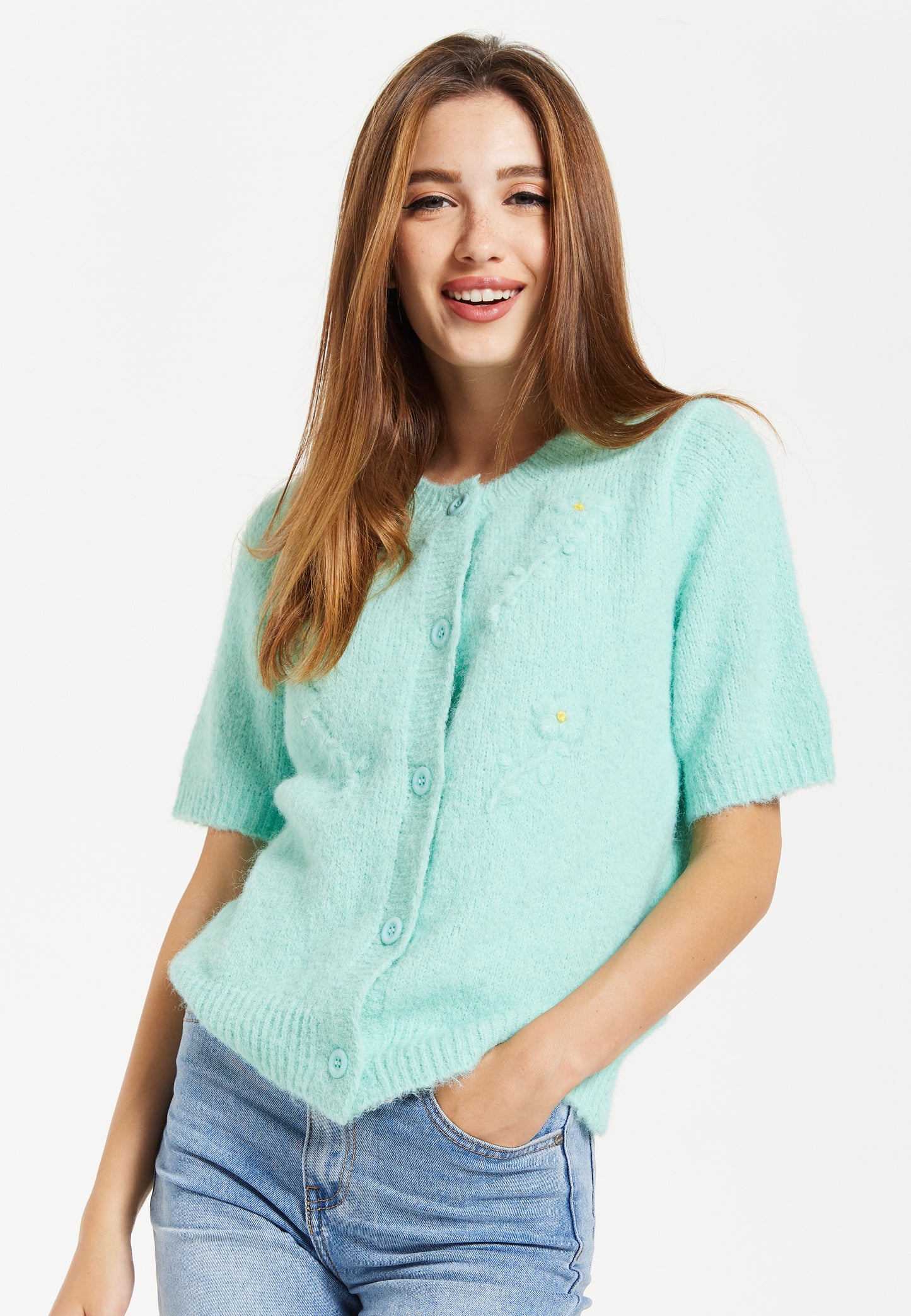 
                  
                    Turquoise Knitted Floral Short Sleeve Cardigan
                  
                