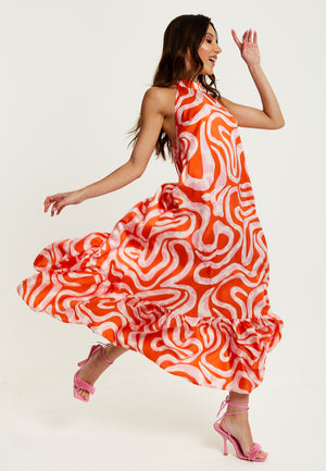 Liquorish Pink And Red Abstract Print Halter Neck Maxi Smock Dress