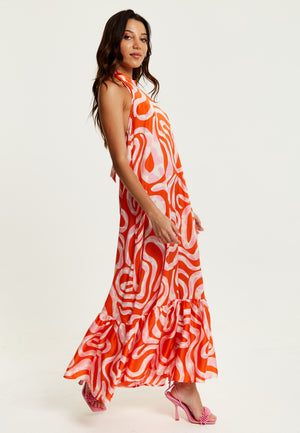 Liquorish Pink And Red Abstract Print Halter Neck Maxi Smock Dress