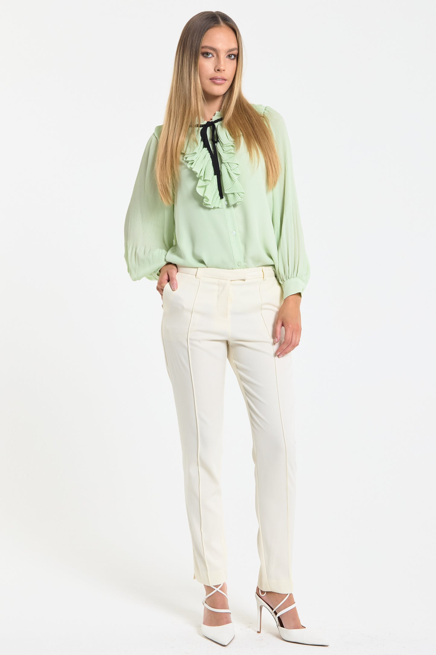 
                  
                    Mint Tie Neck Pleated Sleeve Frill Blouse
                  
                