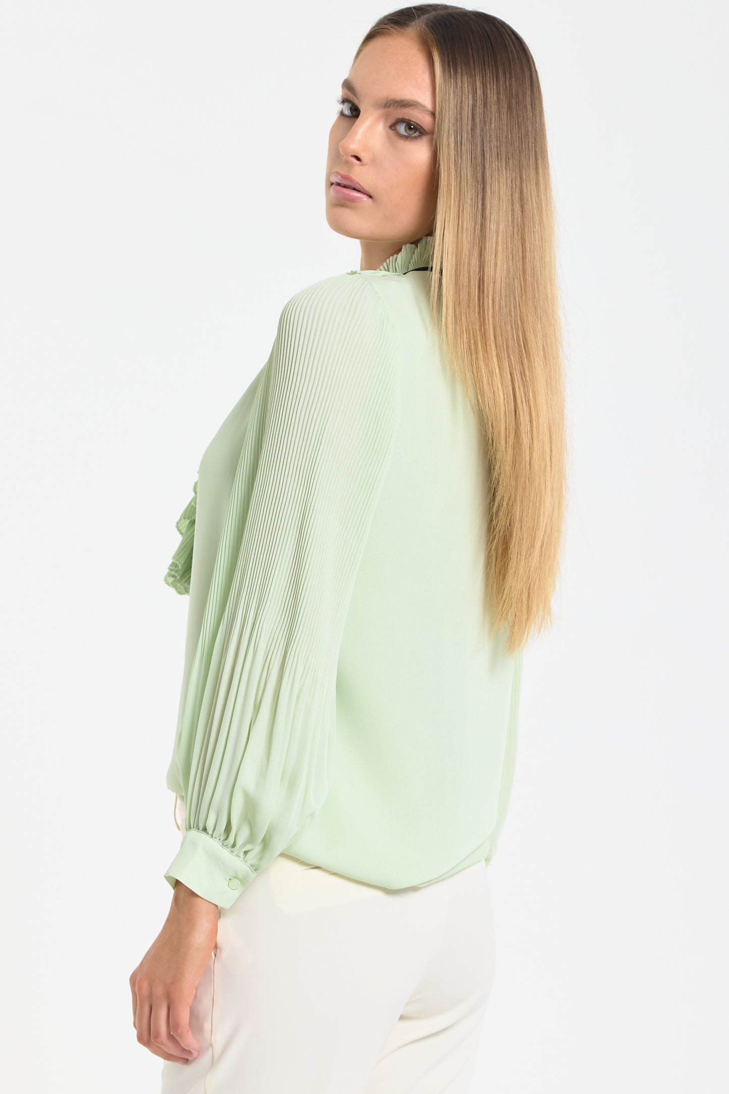 
                  
                    Mint Tie Neck Pleated Sleeve Frill Blouse
                  
                