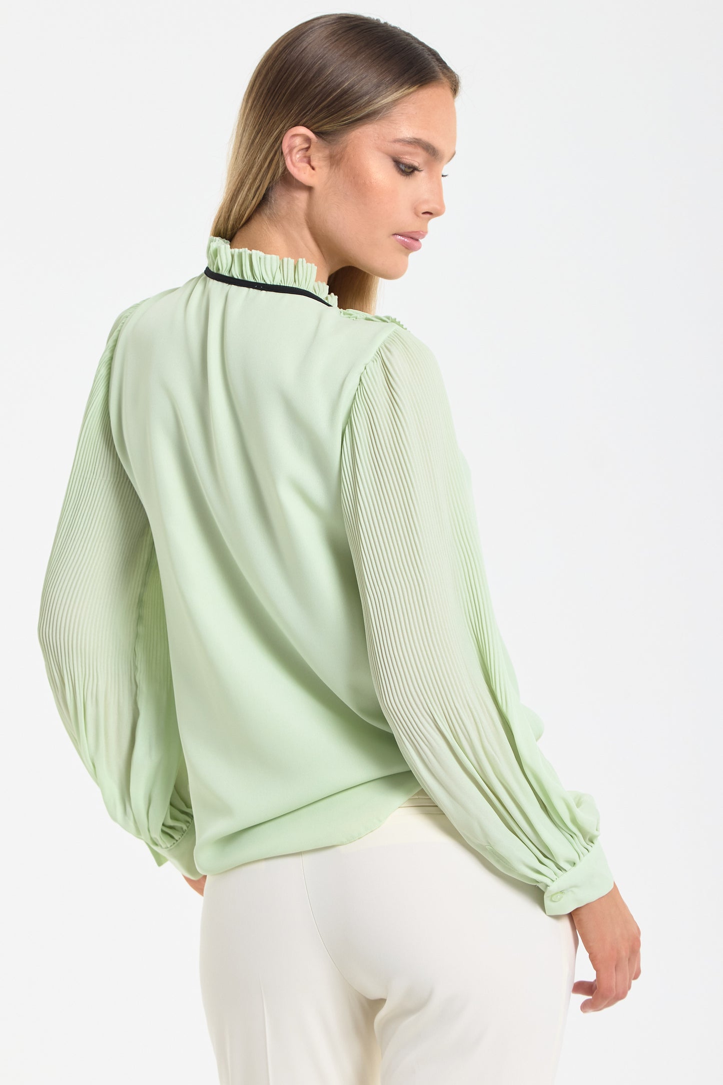 
                  
                    Mint Tie Neck Pleated Sleeve Frill Blouse
                  
                