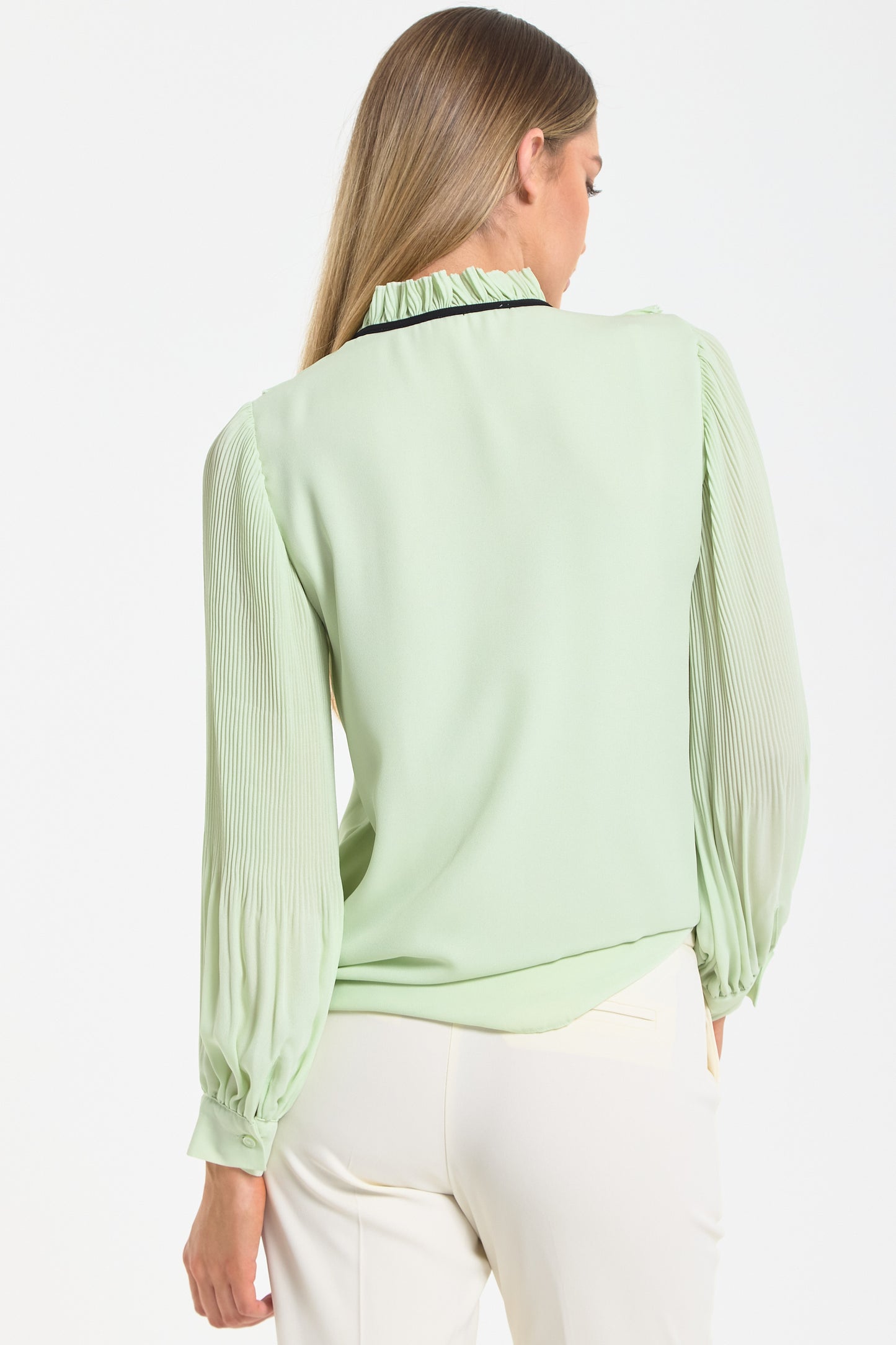 
                  
                    Mint Tie Neck Pleated Sleeve Frill Blouse
                  
                
