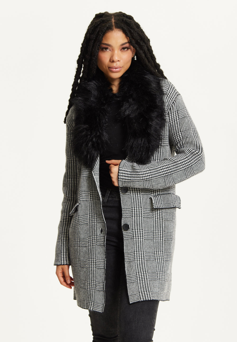Checked Coat with Faux Fur Collar