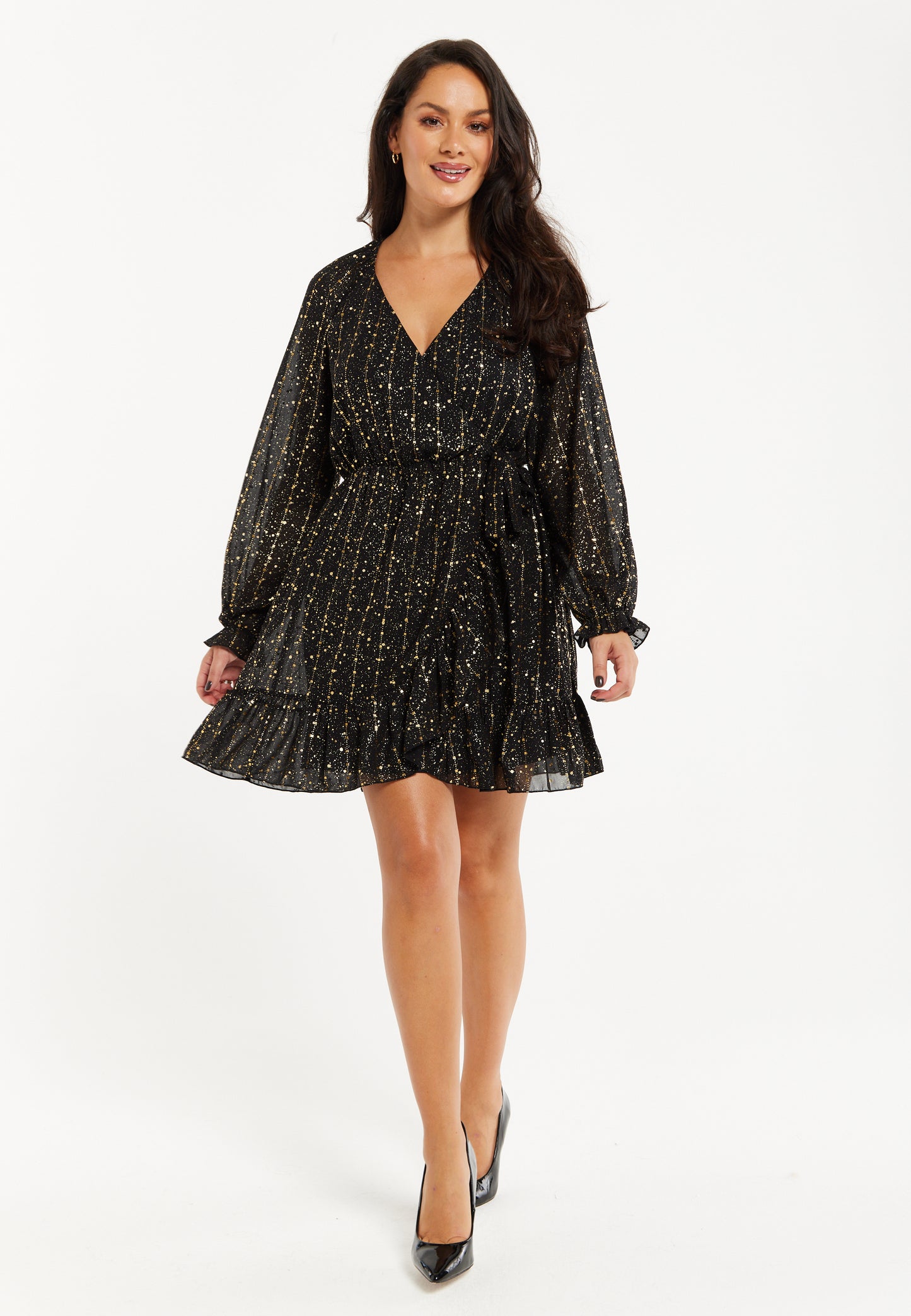 
                  
                    Women's Mini Dress with Long Sleeves in Gold Chiffon - Stylish Wrap Design, Perfect for Any Occasion - Liquorish
                  
                