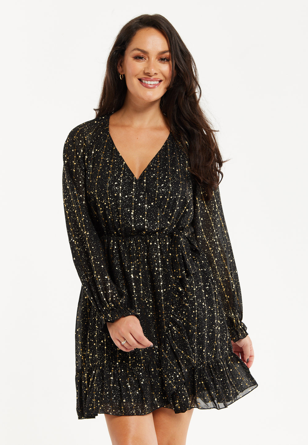 Women's Mini Dress with Long Sleeves in Gold Chiffon - Stylish Wrap Design, Perfect for Any Occasion - Liquorish