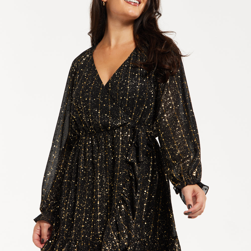 
                  
                    Women's Mini Dress with Long Sleeves in Gold Chiffon - Stylish Wrap Design, Perfect for Any Occasion - Liquorish
                  
                