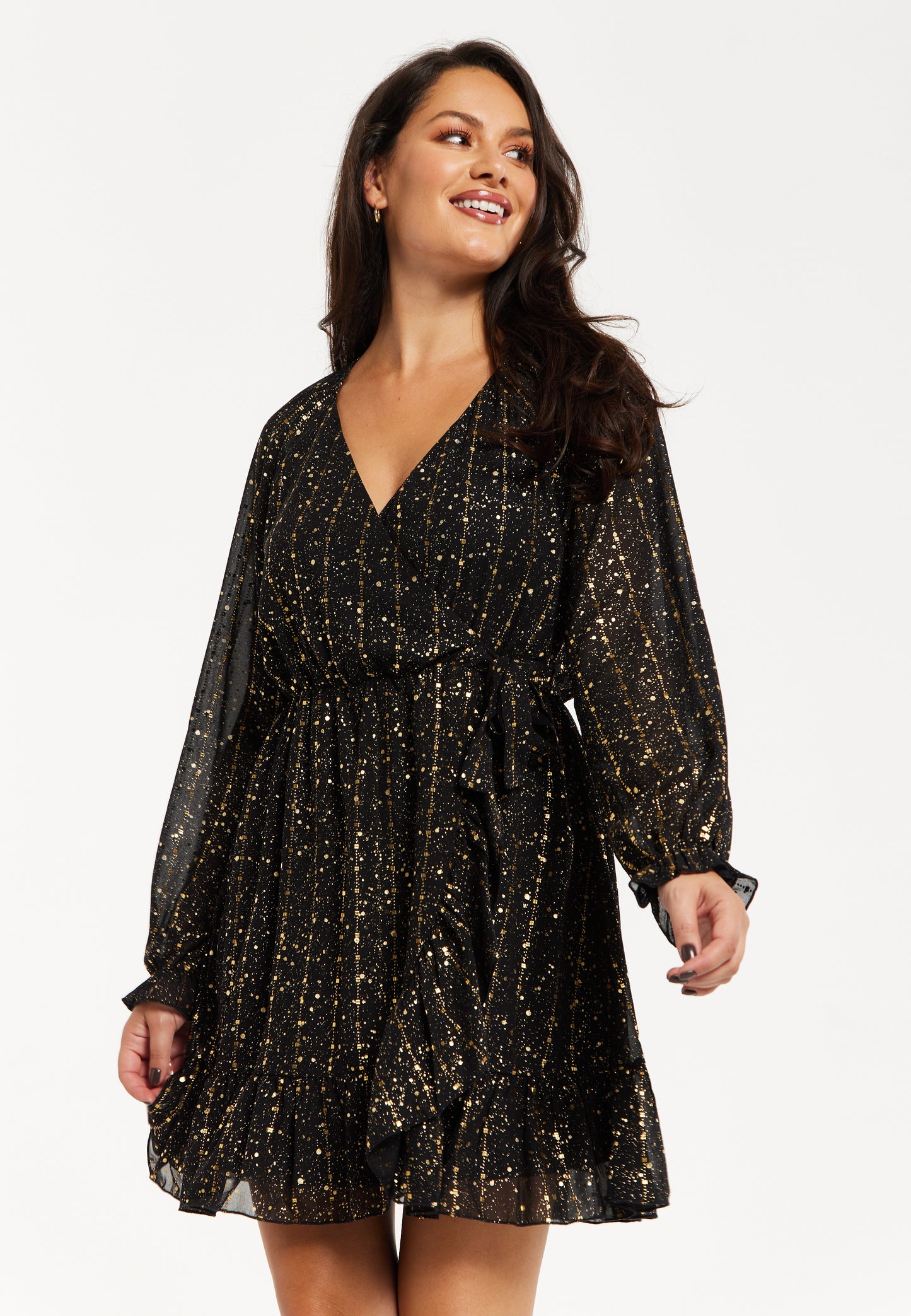 
                  
                    Women's Mini Dress with Long Sleeves in Gold Chiffon - Stylish Wrap Design, Perfect for Any Occasion - Liquorish
                  
                