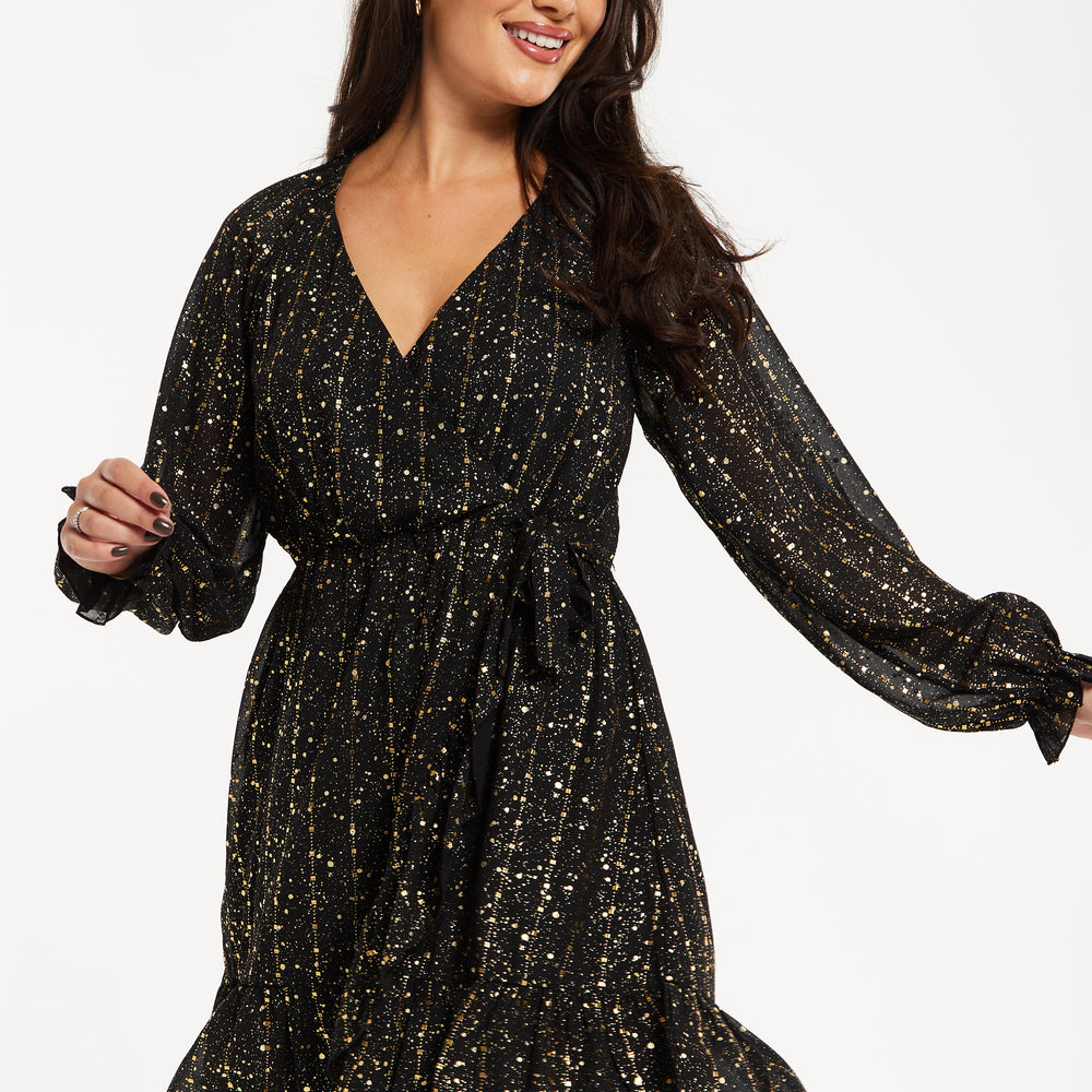 
                  
                    Women's Mini Dress with Long Sleeves in Gold Chiffon - Stylish Wrap Design, Perfect for Any Occasion - Liquorish
                  
                