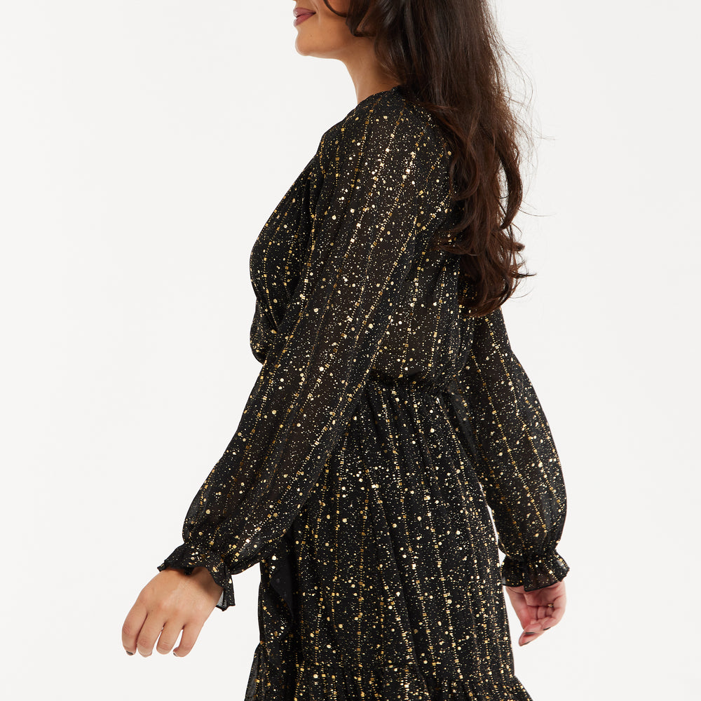 
                  
                    Women's Mini Dress with Long Sleeves in Gold Chiffon - Stylish Wrap Design, Perfect for Any Occasion - Liquorish
                  
                