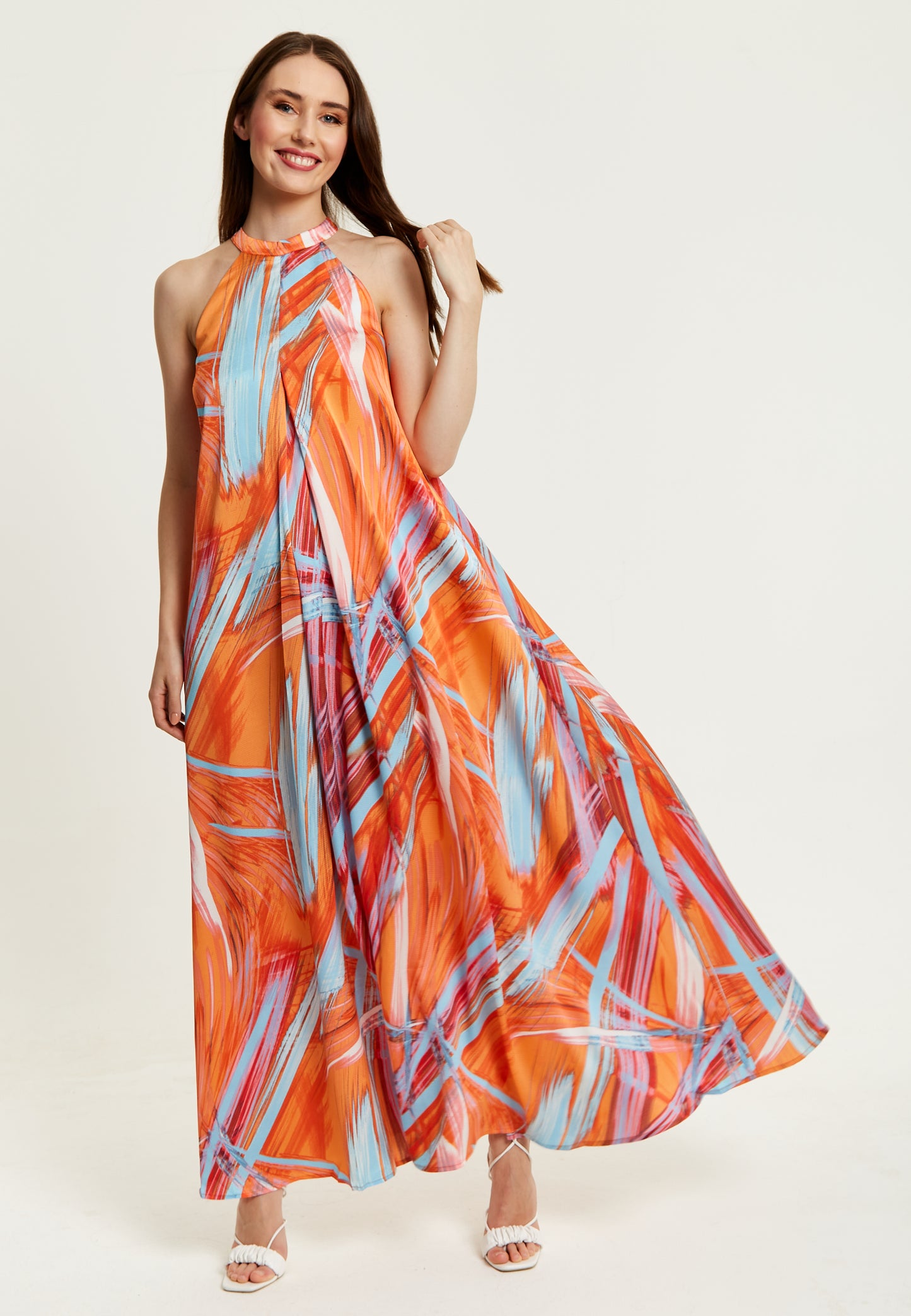 
                  
                    Liquorish Maxi Abstract Print Dress With High Neck In Orange
                  
                