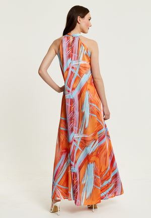 Liquorish Maxi Abstract Print Dress With High Neck In Orange