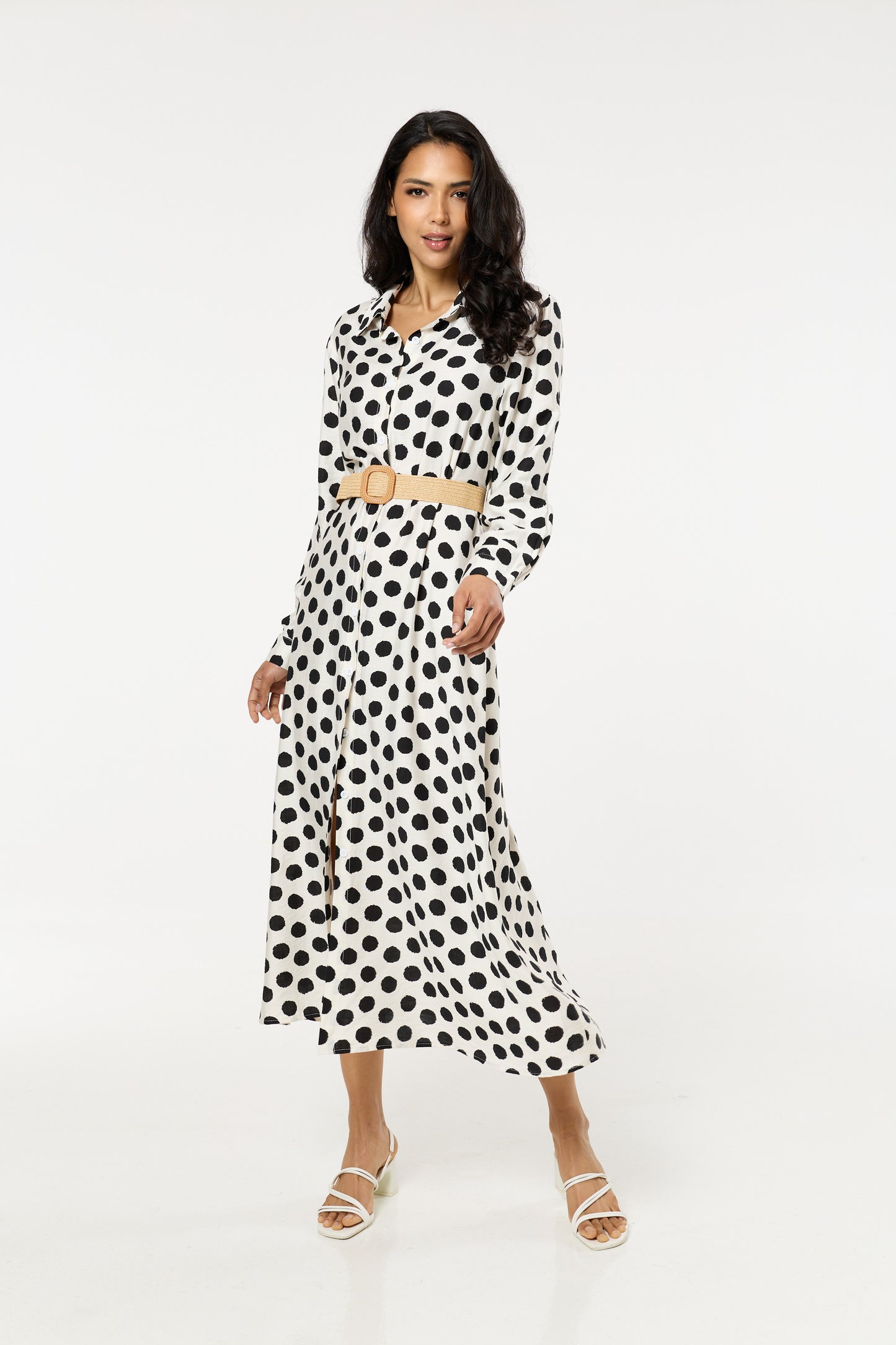 
                  
                    Polka Dot Belted Midi Shirt Dress
                  
                