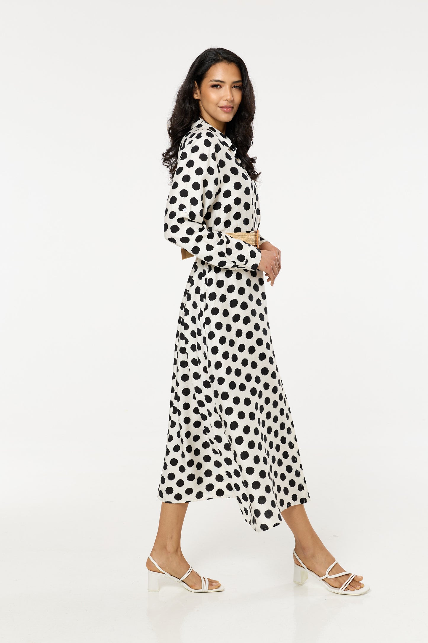 
                  
                    Polka Dot Belted Midi Shirt Dress
                  
                