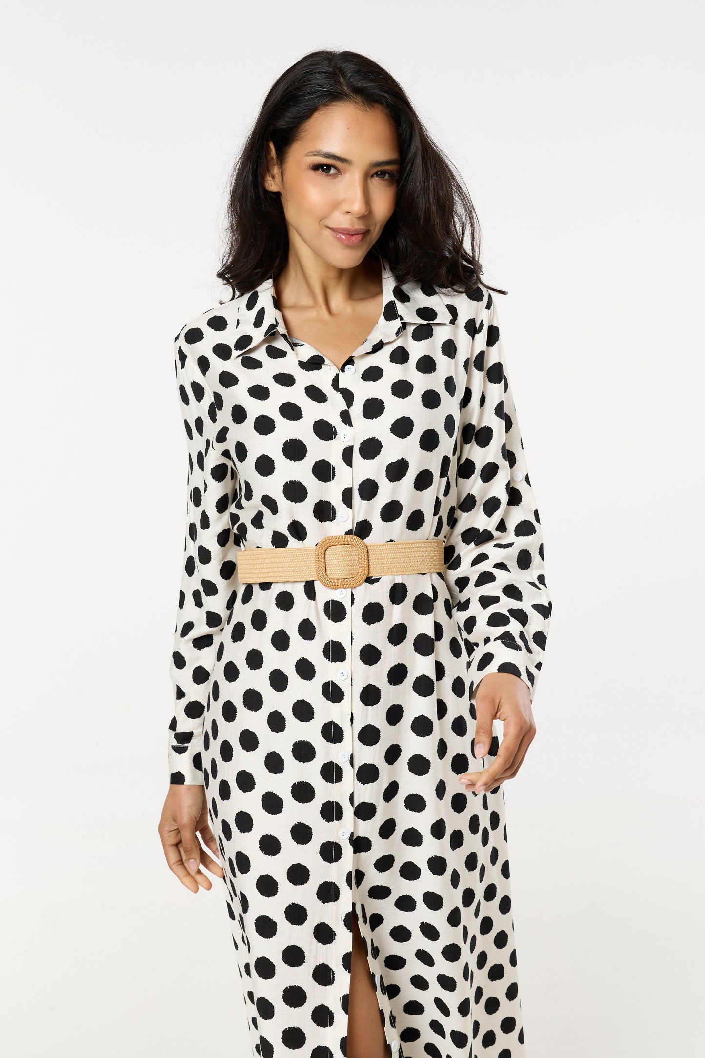 
                  
                    Polka Dot Belted Midi Shirt Dress
                  
                