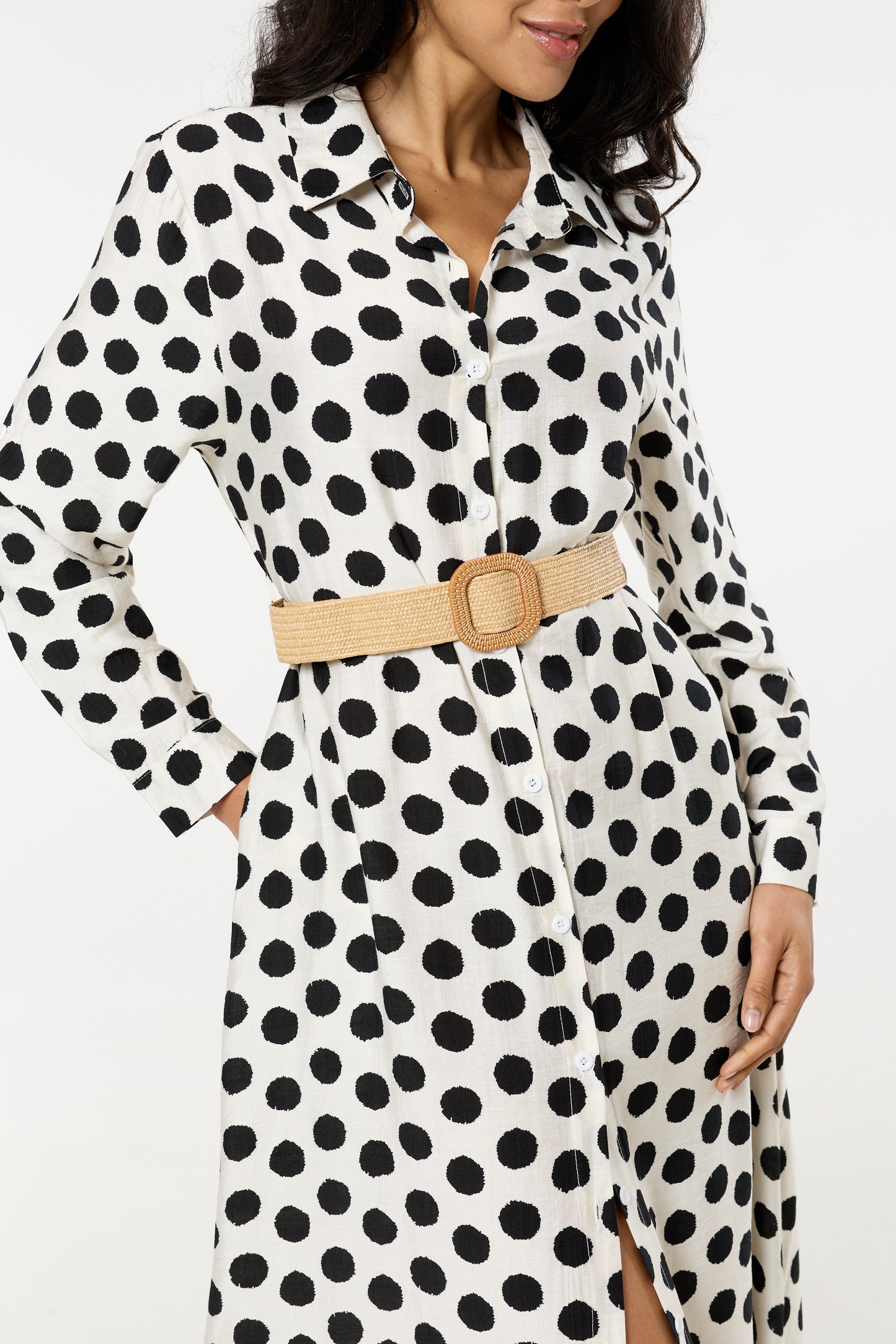 
                  
                    Polka Dot Belted Midi Shirt Dress
                  
                