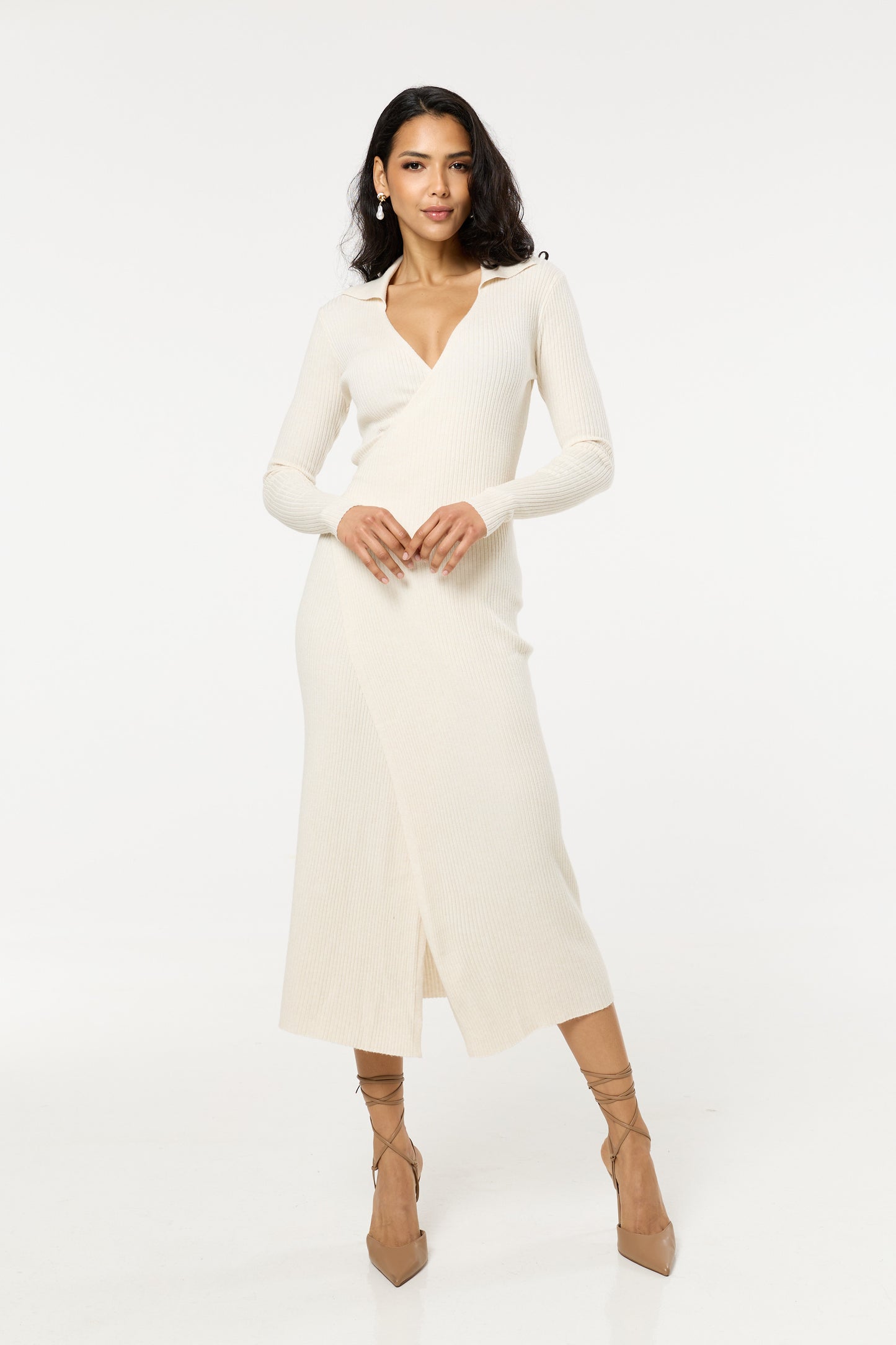 
                  
                    Beige Ribbed Long Sleeve Wrap Midi Dress
                  
                