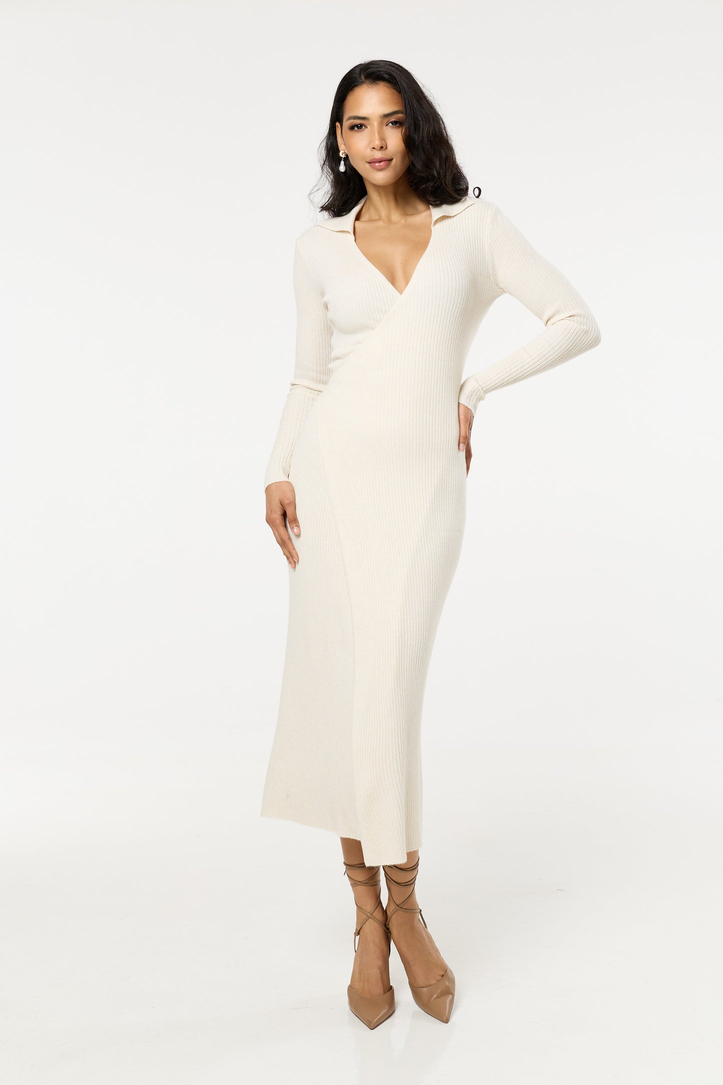 
                  
                    Beige Ribbed Long Sleeve Wrap Midi Dress
                  
                