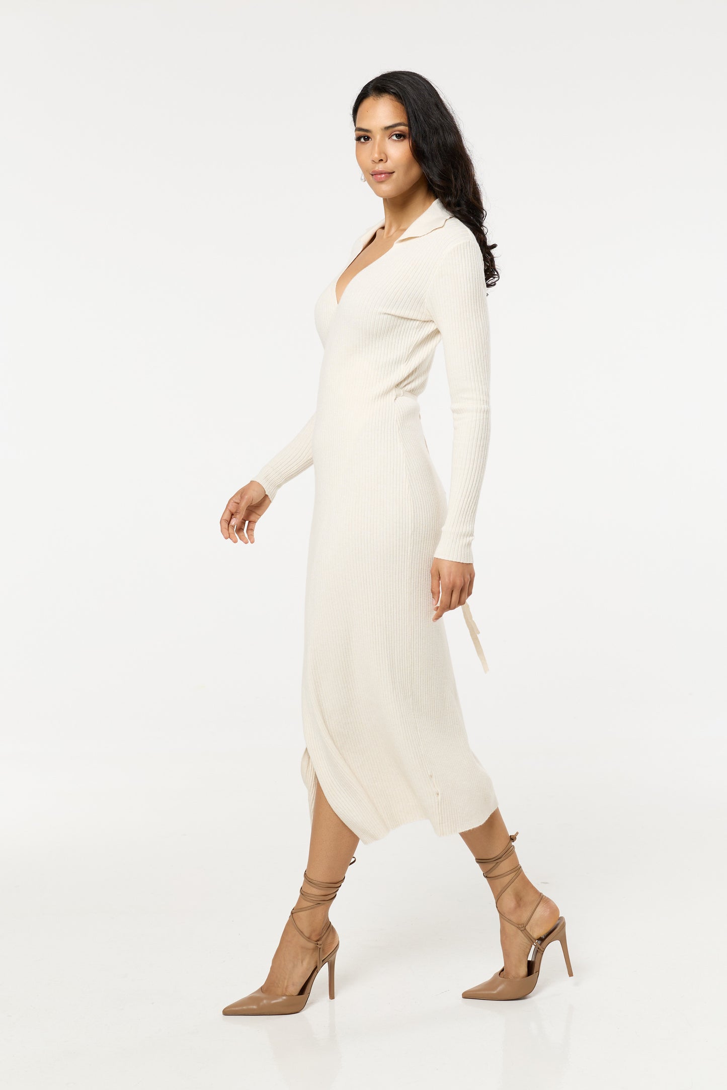 
                  
                    Beige Ribbed Long Sleeve Wrap Midi Dress
                  
                
