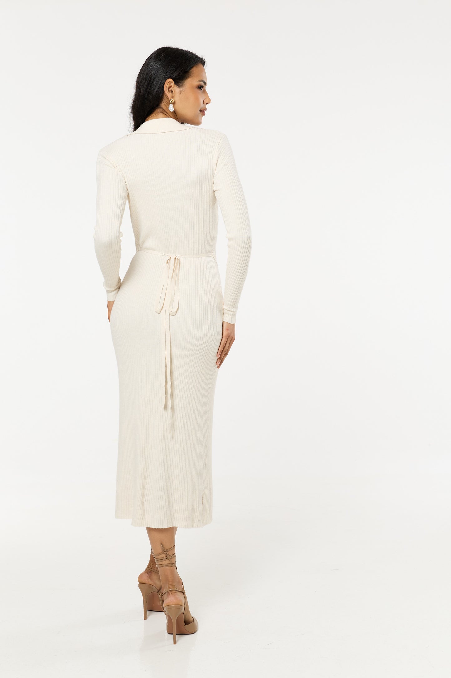 
                  
                    Beige Ribbed Long Sleeve Wrap Midi Dress
                  
                