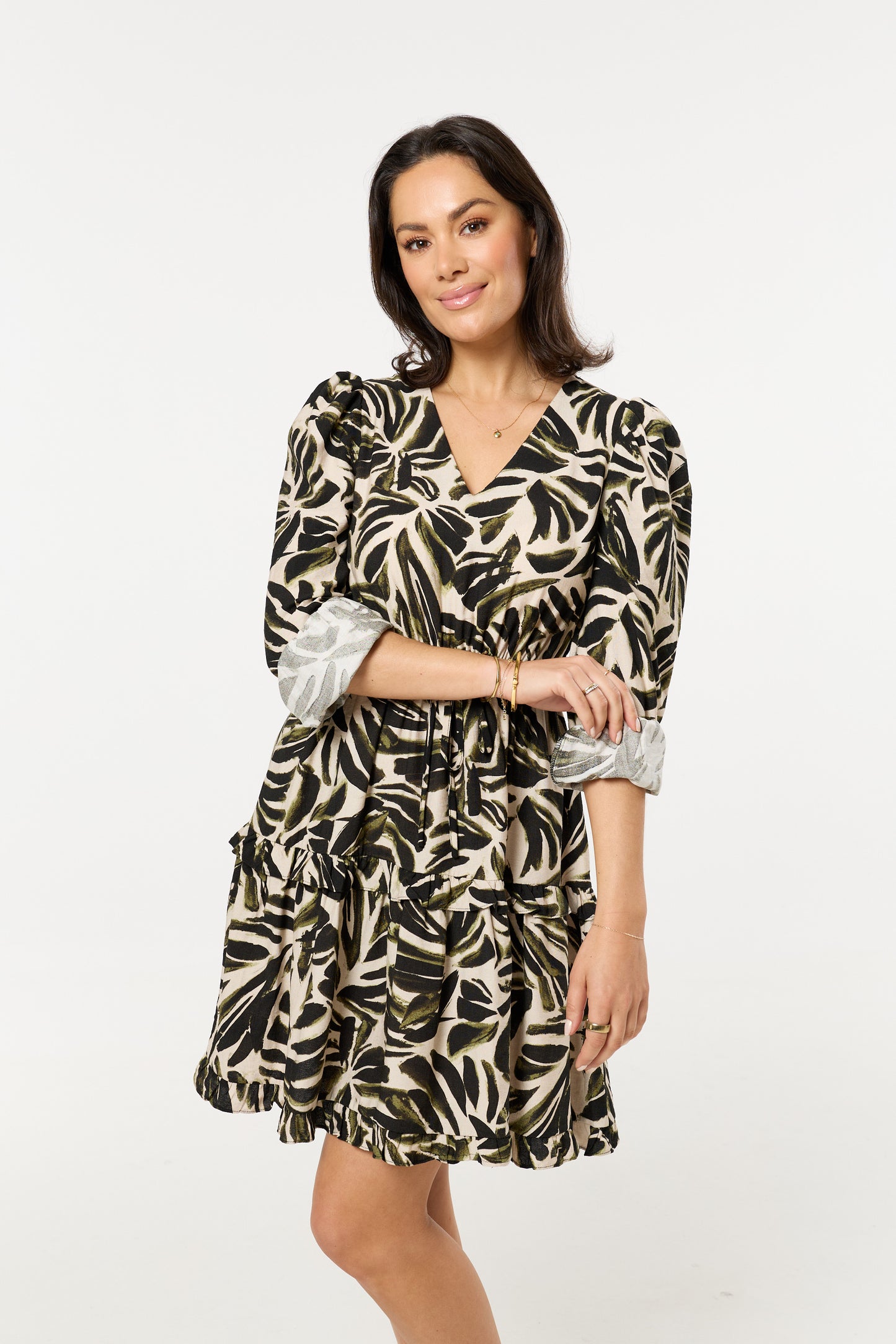 
                  
                    Khaki Leaf Print Long Sleeve Mini Dress
                  
                