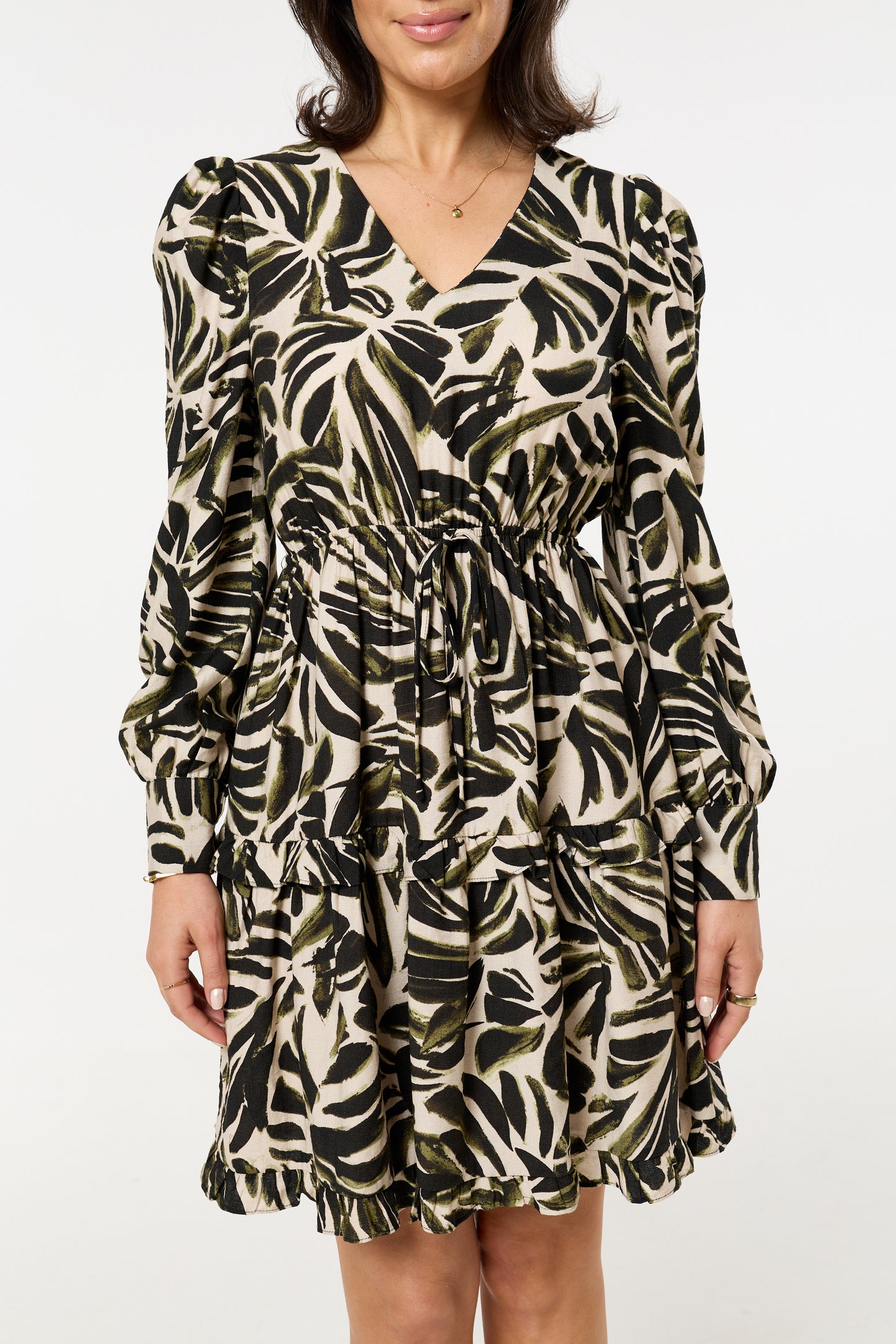 
                  
                    Khaki Leaf Print Long Sleeve Mini Dress
                  
                