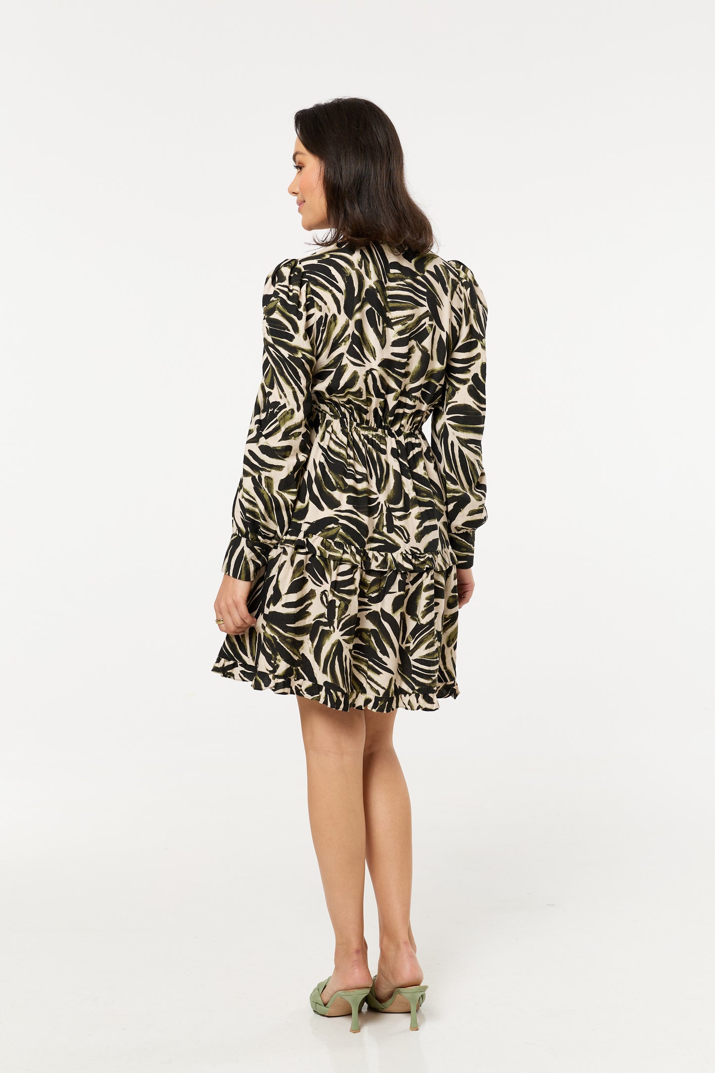 
                  
                    Khaki Leaf Print Long Sleeve Mini Dress
                  
                