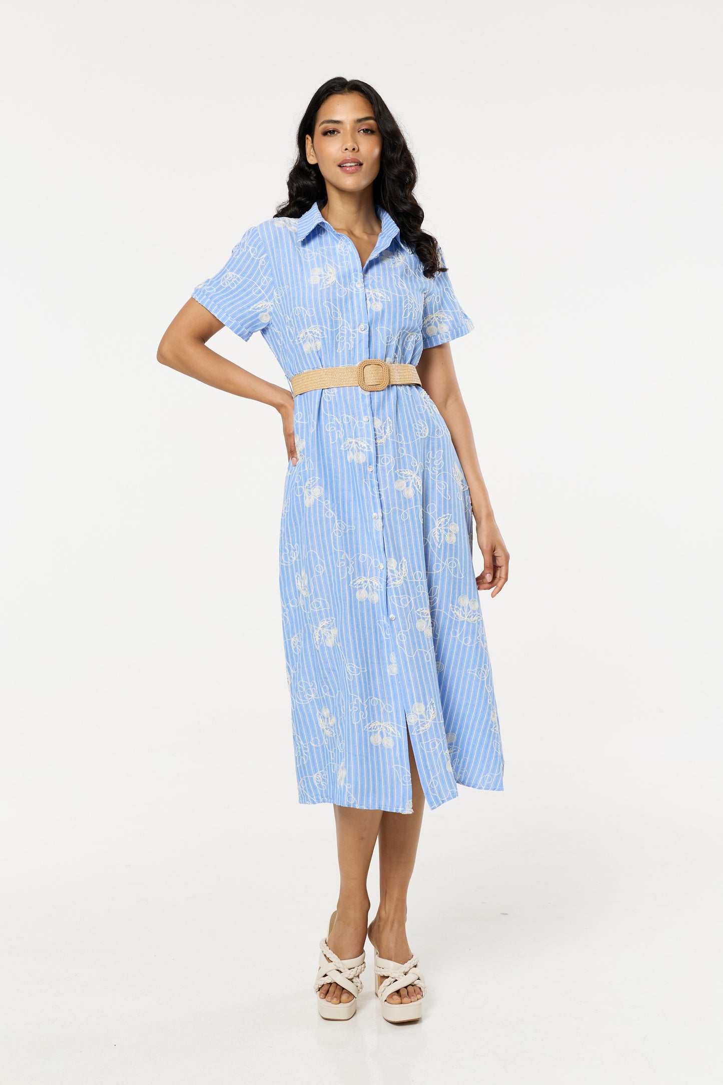 
                  
                    Blue Belted Embroidered Midi Dress
                  
                