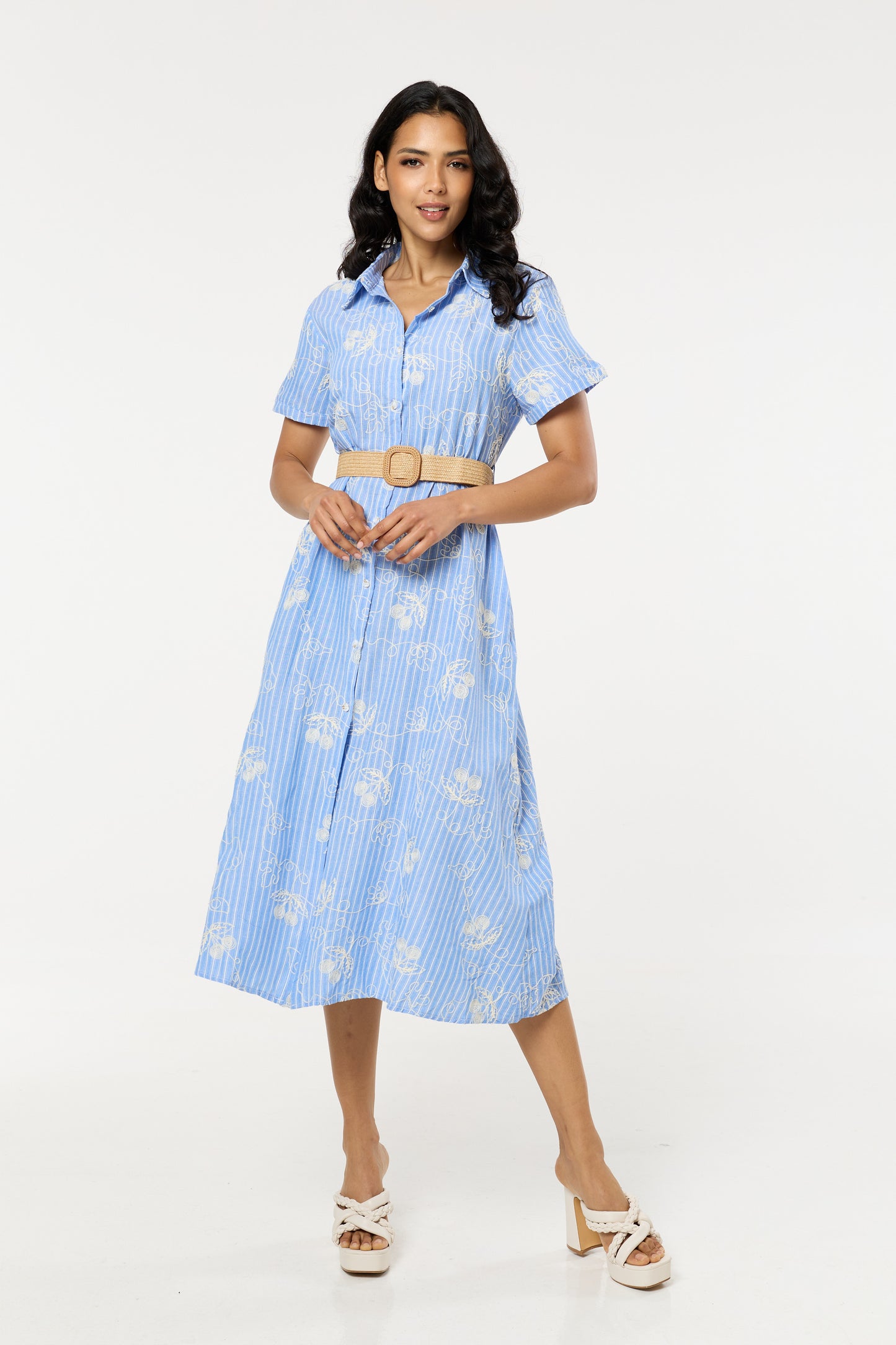 
                  
                    Blue Belted Embroidered Midi Dress
                  
                