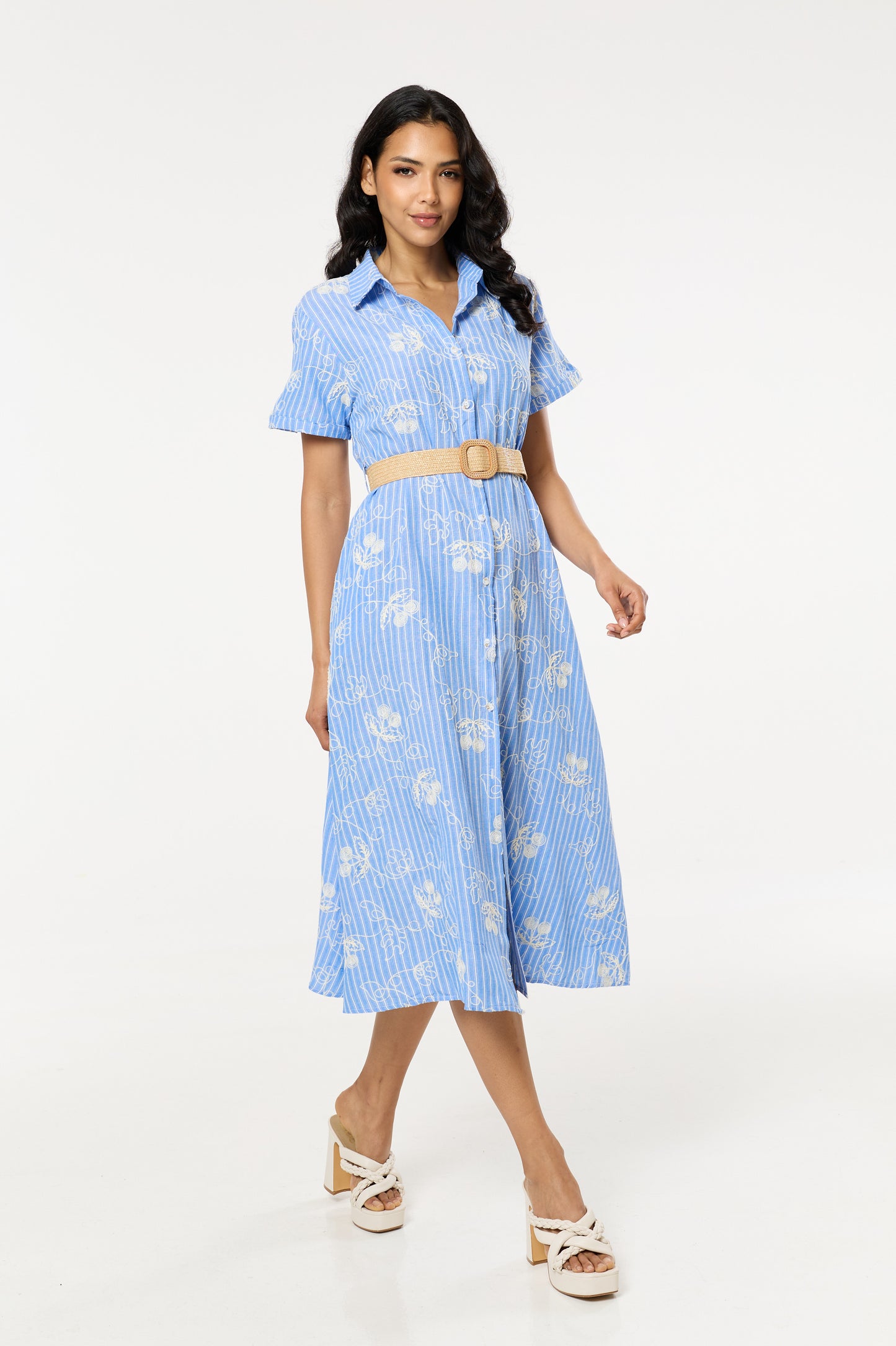 
                  
                    Blue Belted Embroidered Midi Dress
                  
                