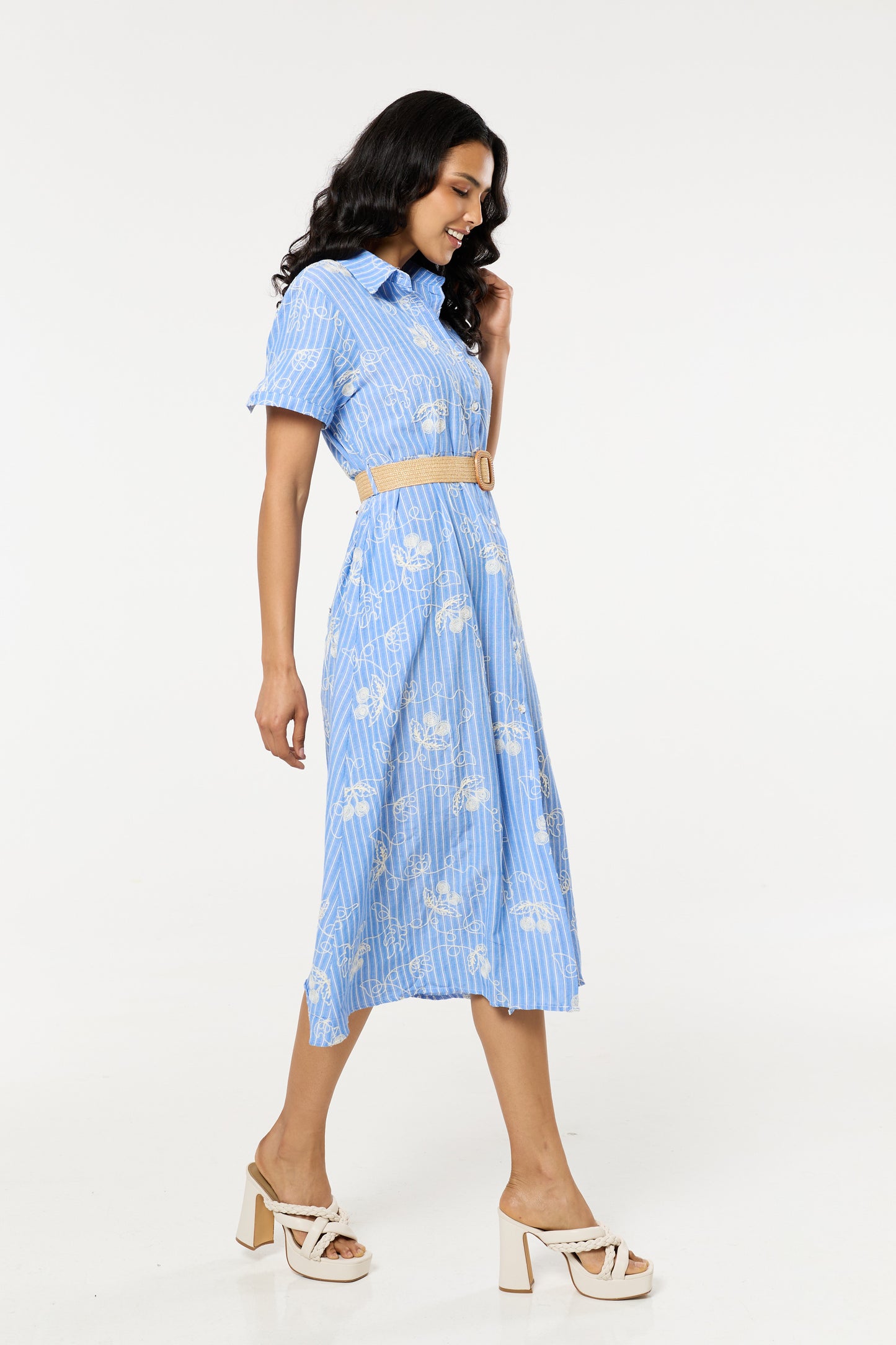 
                  
                    Blue Belted Embroidered Midi Dress
                  
                